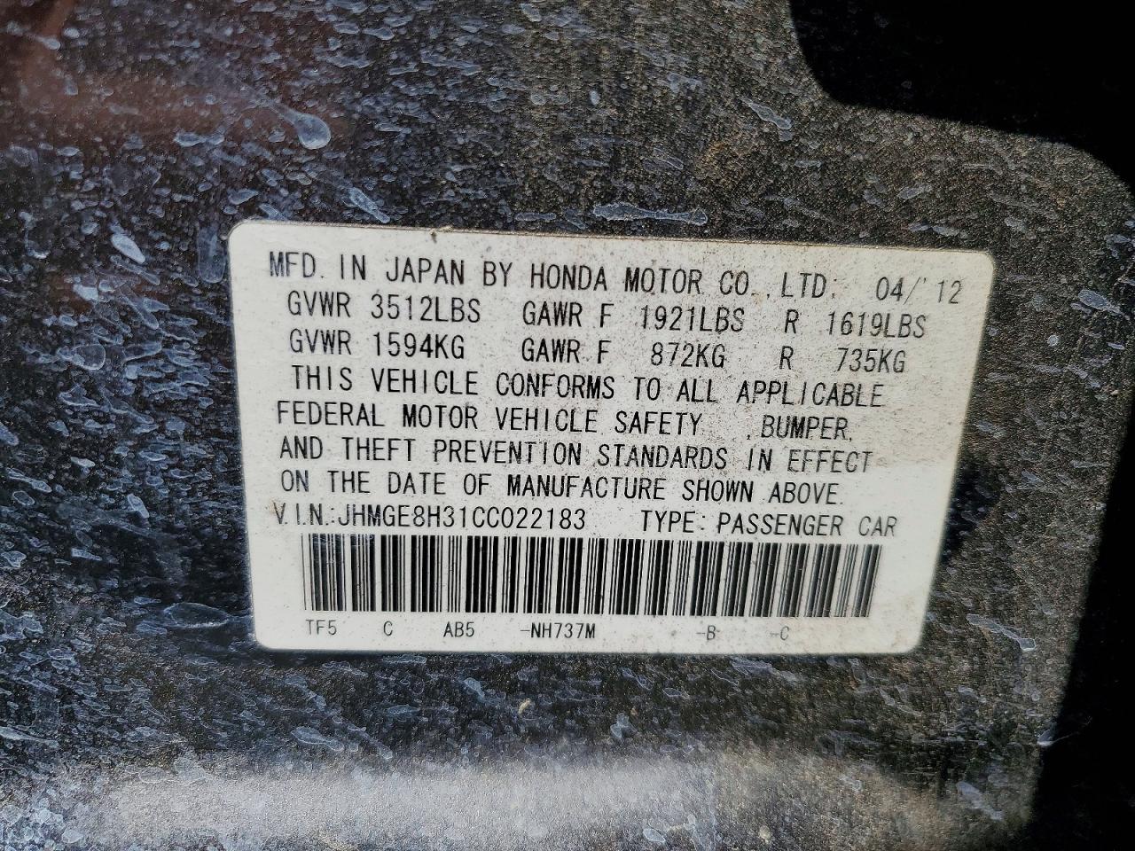 2012 Honda Fit Charcoal vin: JHMGE8H31CC022183