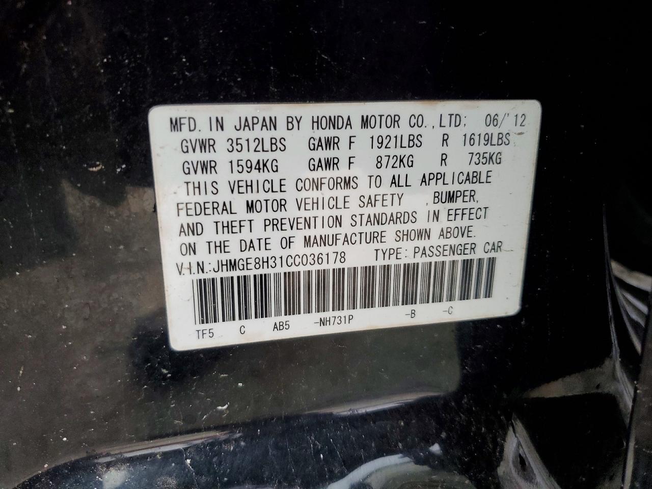 2012 Honda Fit Black vin: JHMGE8H31CC036178