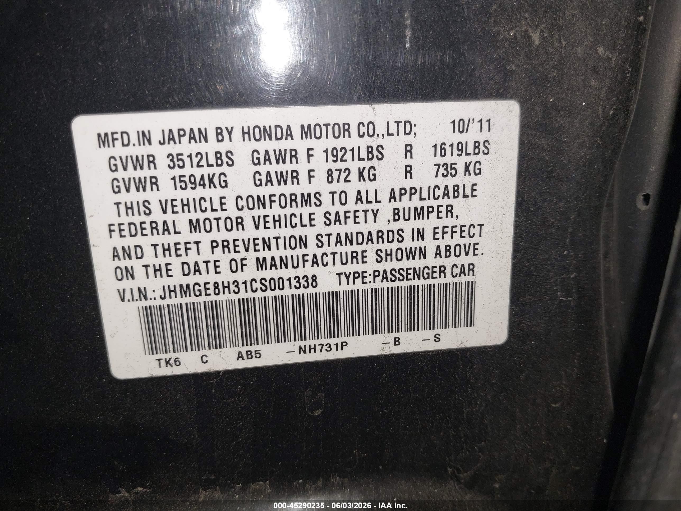 2012 Honda Fit   Black vin: JHMGE8H31CS001338
