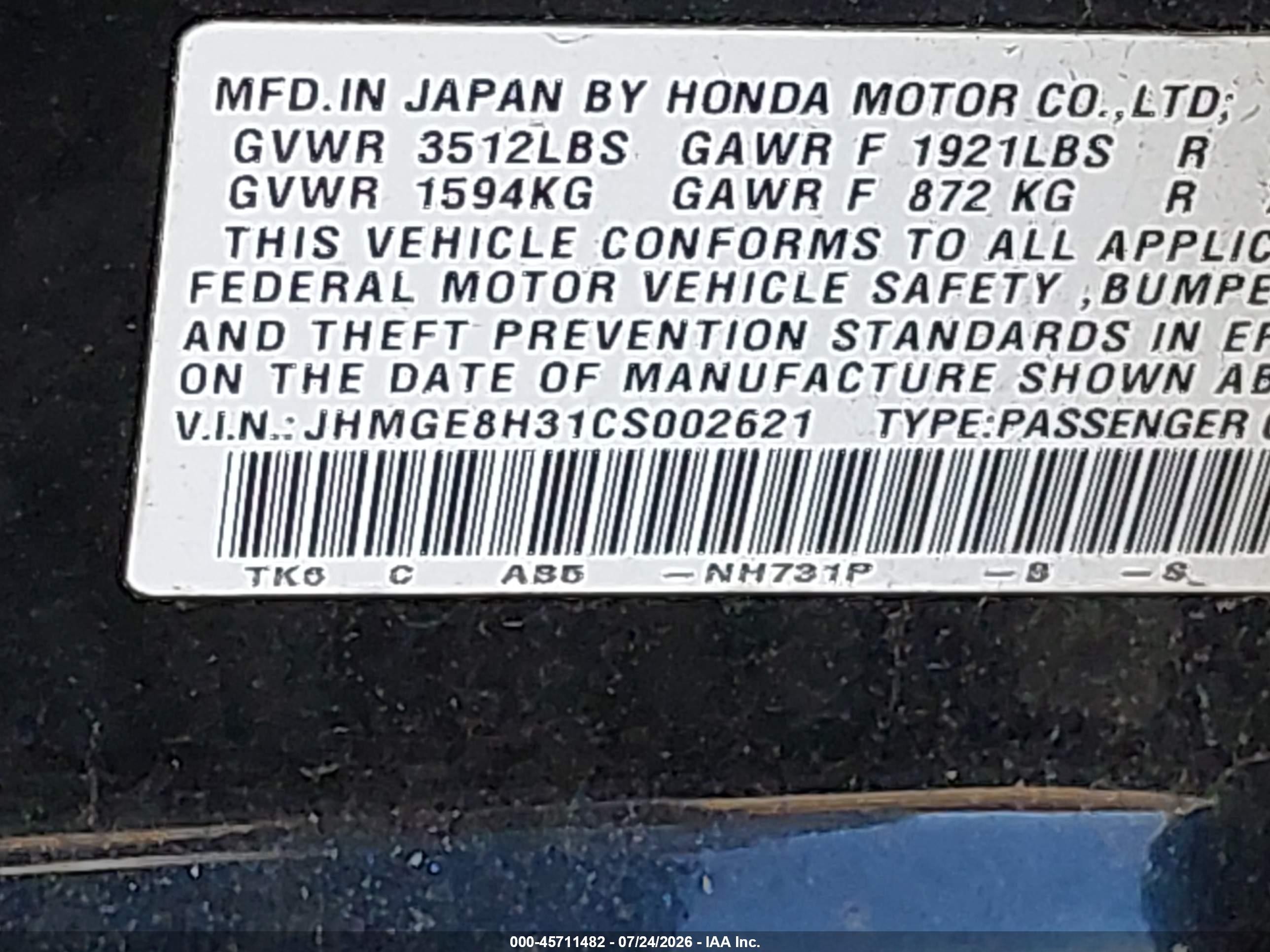 2012 Honda Fit   Black vin: JHMGE8H31CS002621