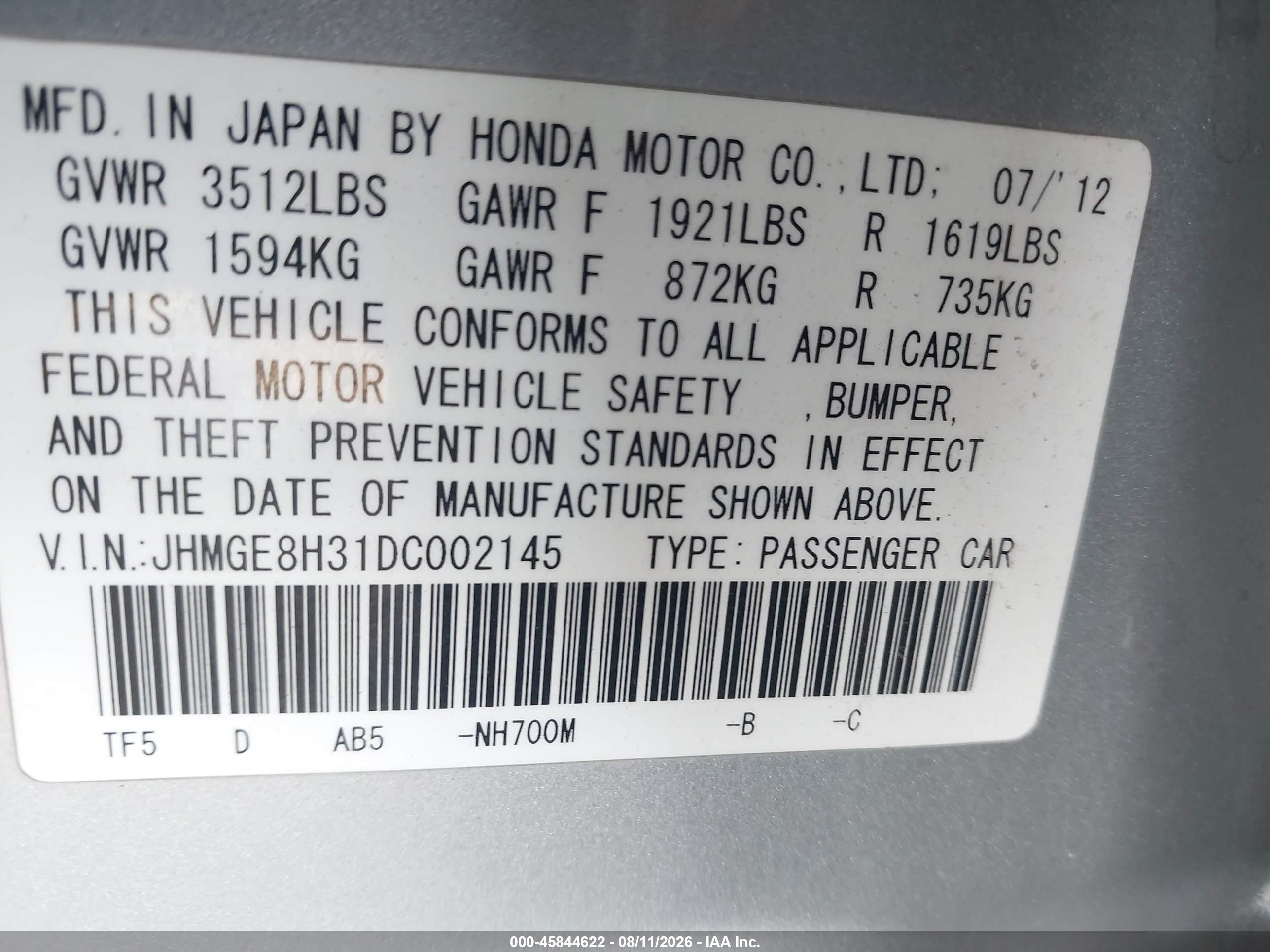 2013 Honda Fit   Silver vin: JHMGE8H31DC002145