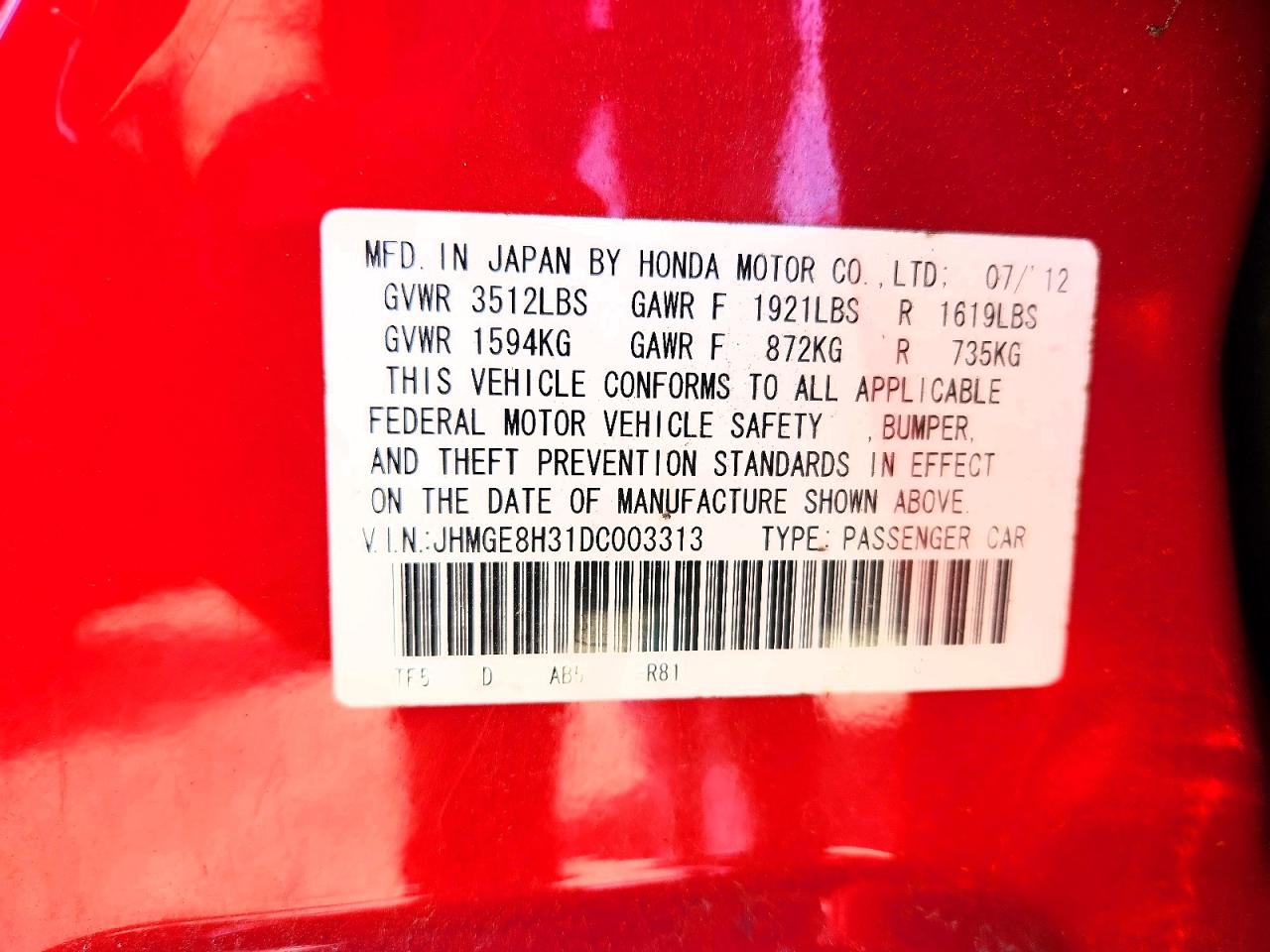 2013 Honda Fit Red vin: JHMGE8H31DC003313
