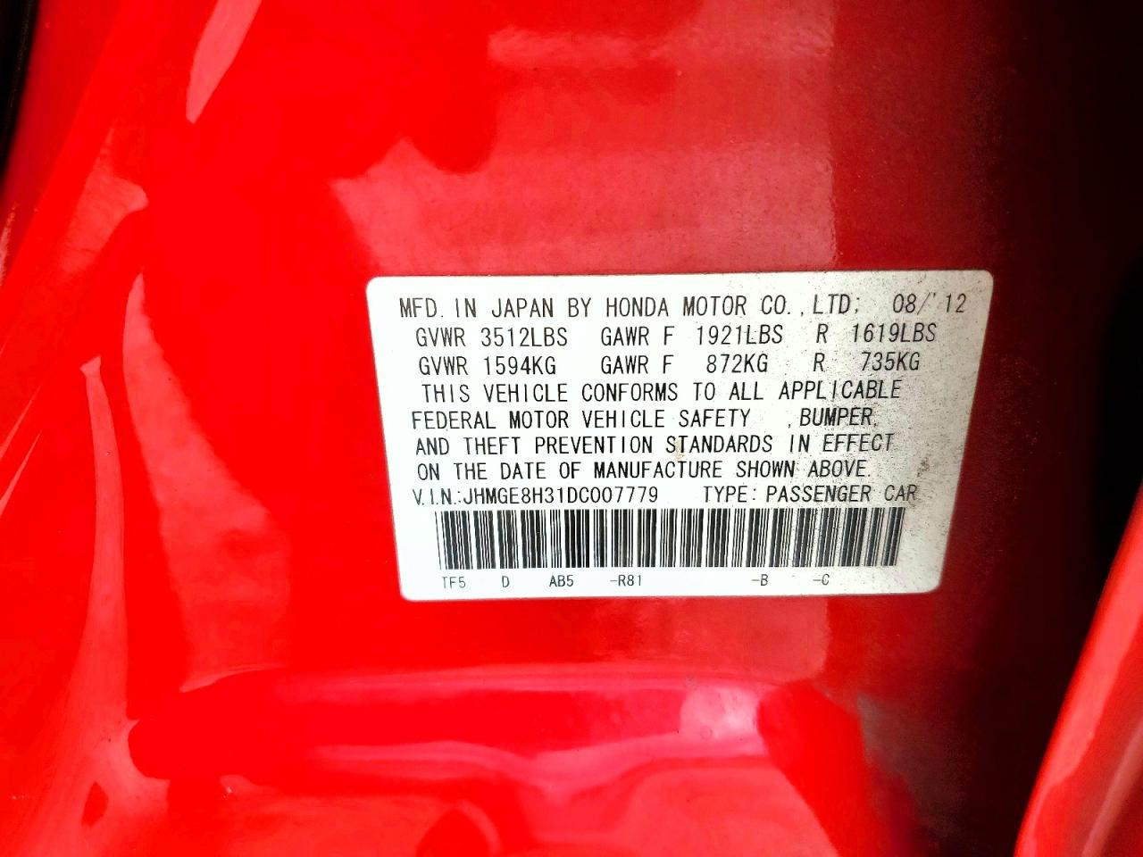 2013 Honda Fit Red vin: JHMGE8H31DC007779
