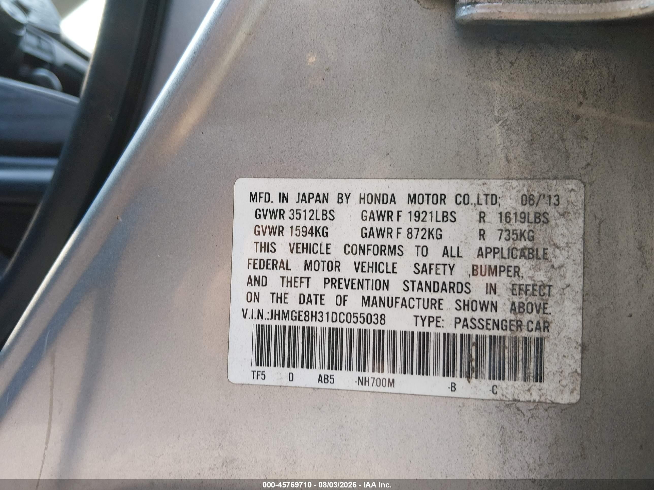 2013 Honda Fit   Серебряный vin: JHMGE8H31DC055038