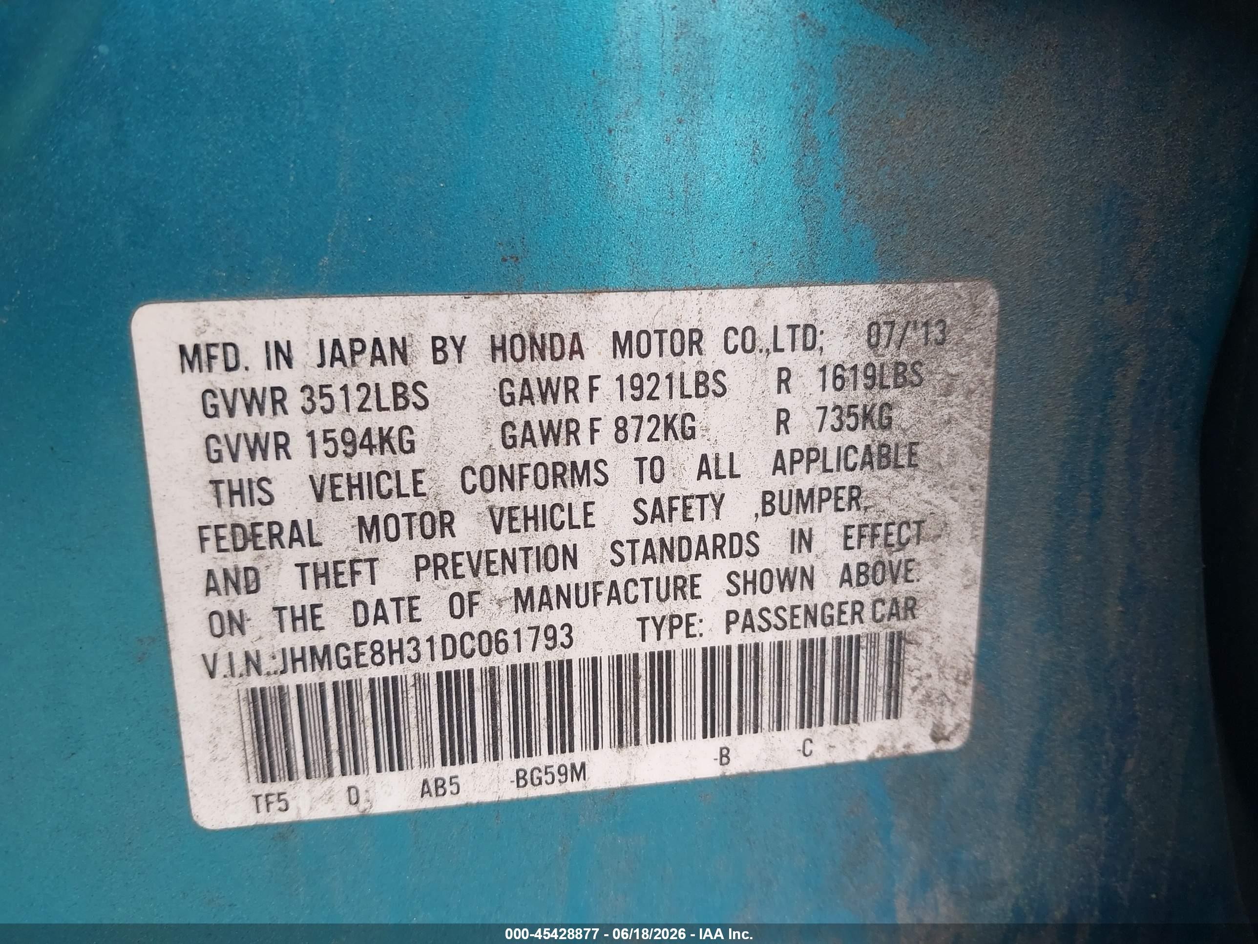 2013 Honda Fit   Blue vin: JHMGE8H31DC061793