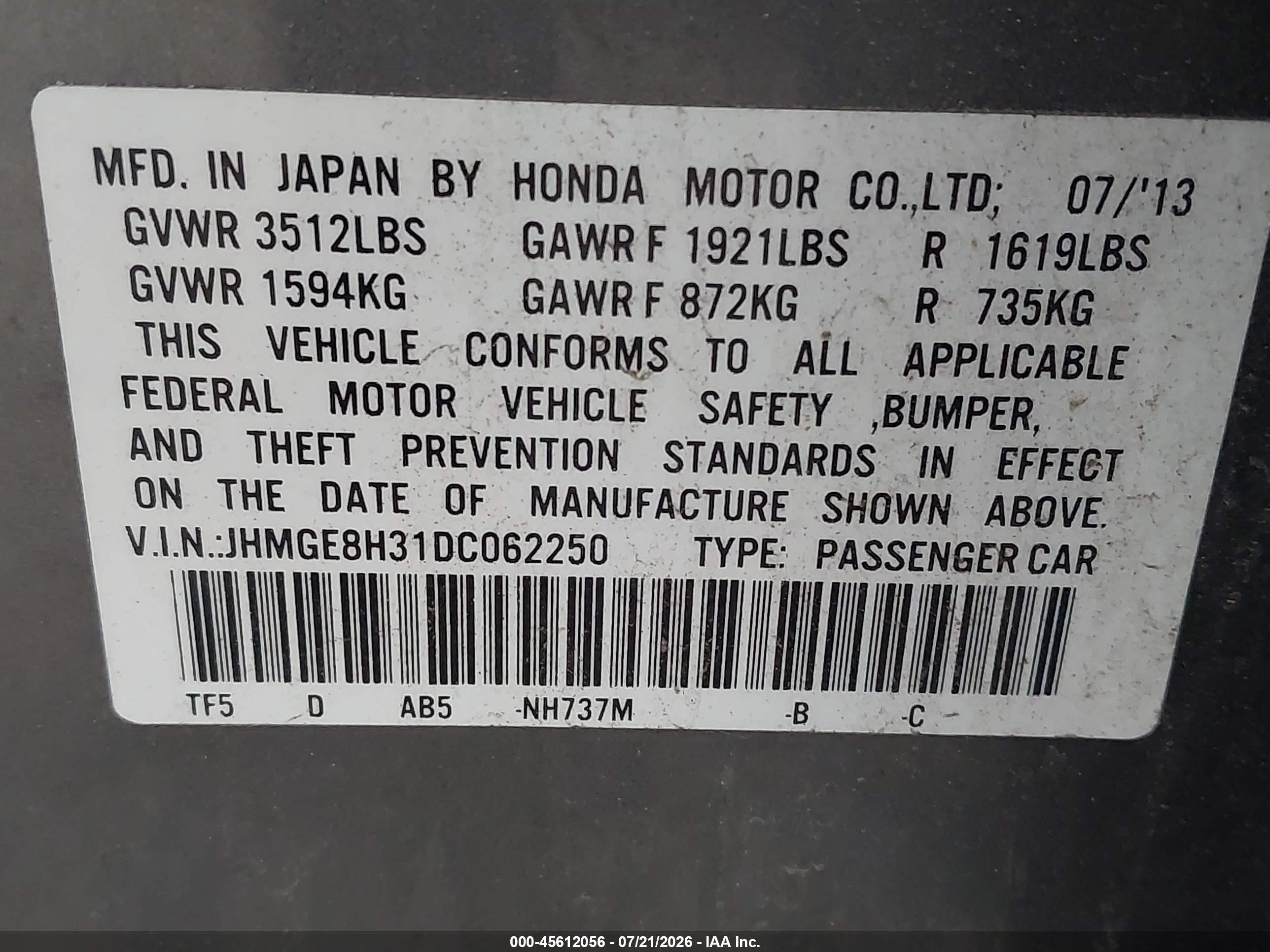 2013 Honda Fit Gray vin: JHMGE8H31DC062250