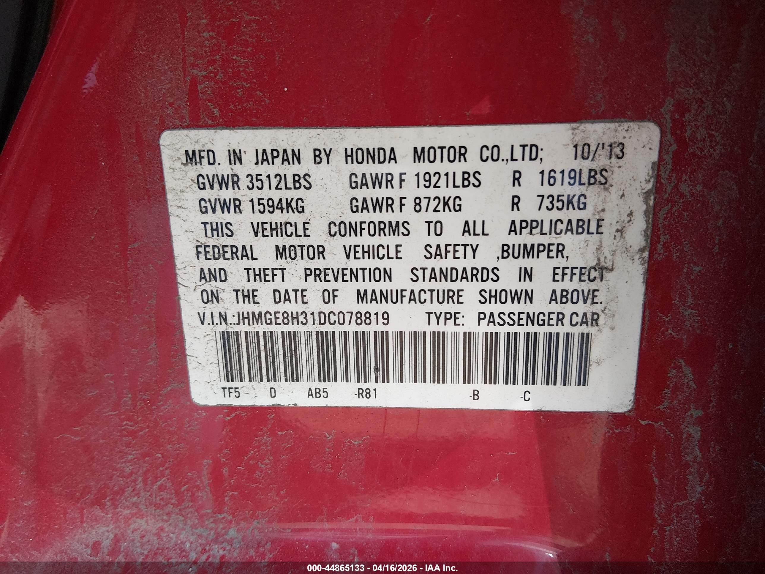 2013 Honda Fit Red vin: JHMGE8H31DC078819