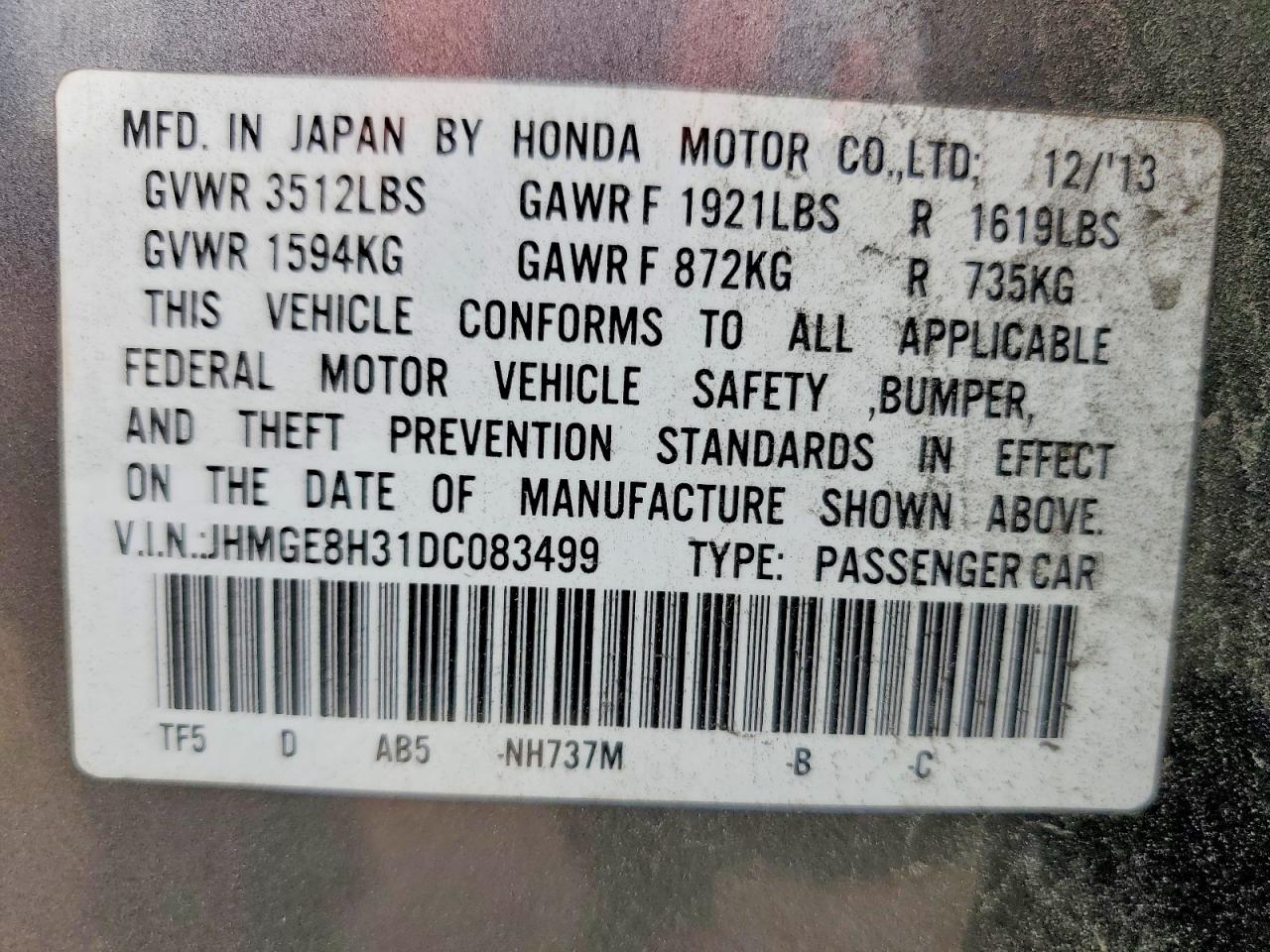 2013 Honda Fit Gray vin: JHMGE8H31DC083499