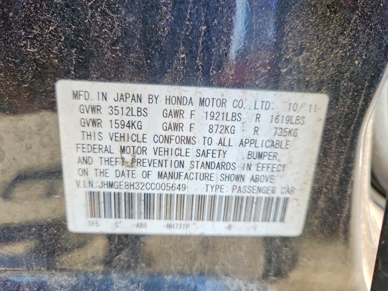 2012 Honda Fit Black vin: JHMGE8H32CC005649
