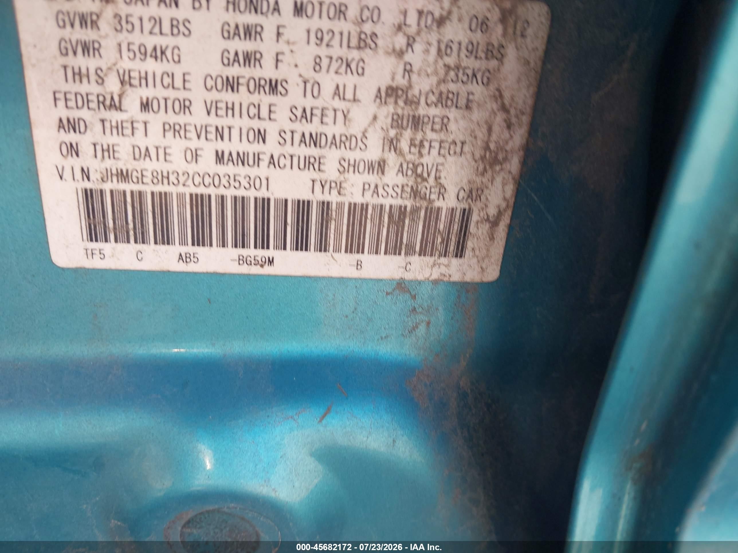 2012 Honda Fit   Teal vin: JHMGE8H32CC035301
