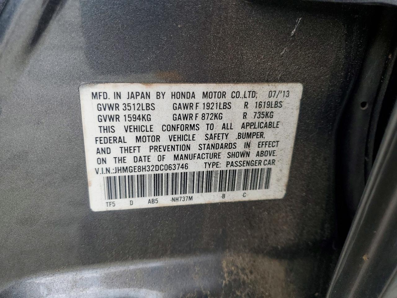2013 Honda Fit Gray vin: JHMGE8H32DC063746