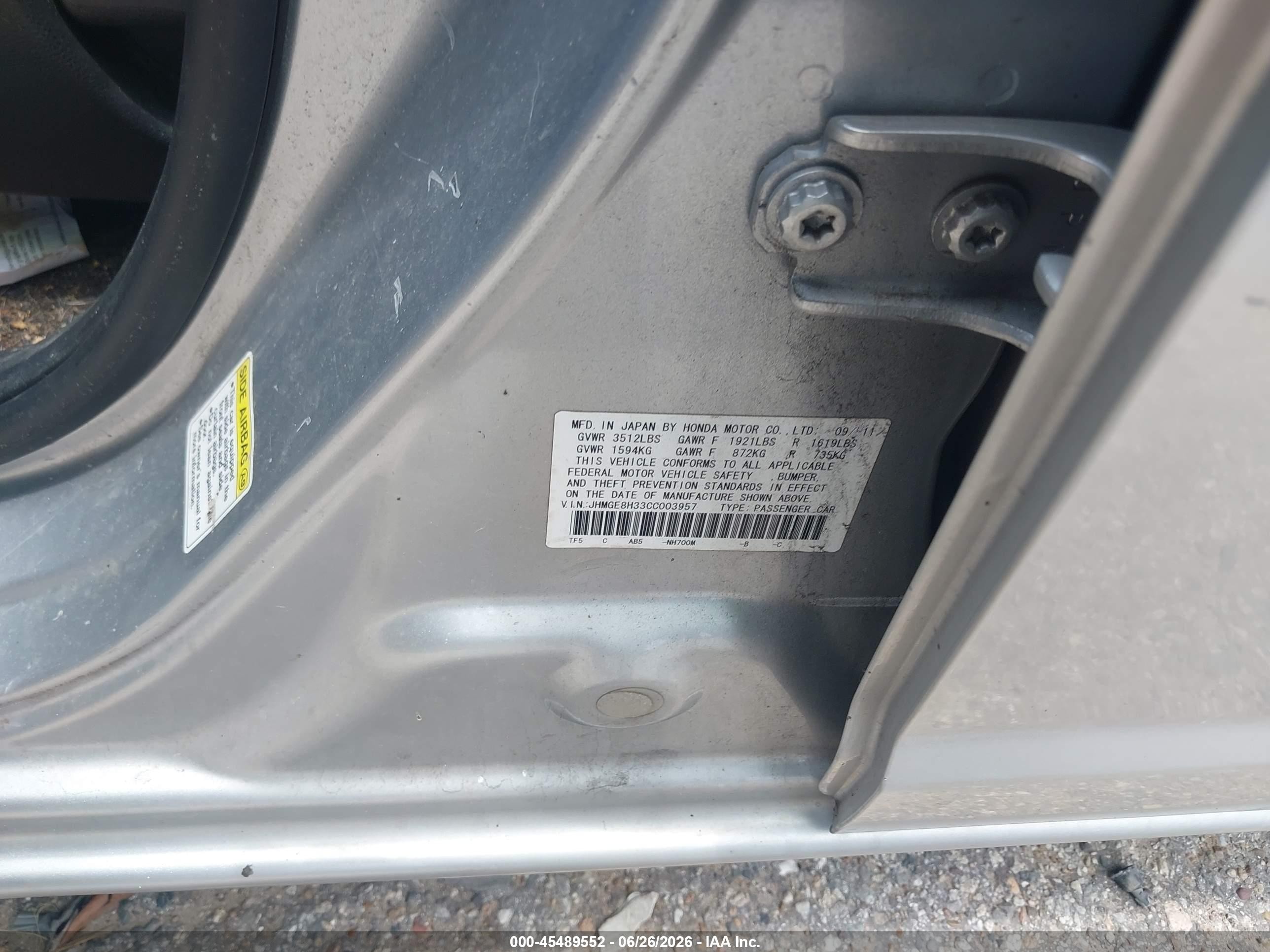 2012 Honda Fit   Silver vin: JHMGE8H33CC003957