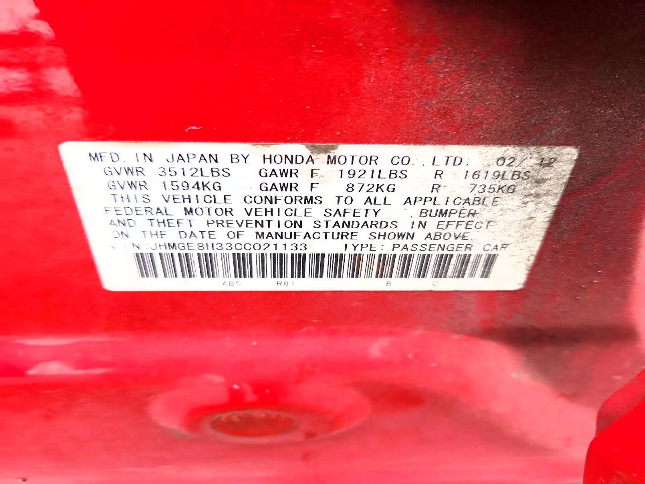 2012 Honda Fit Red vin: JHMGE8H33CC021133