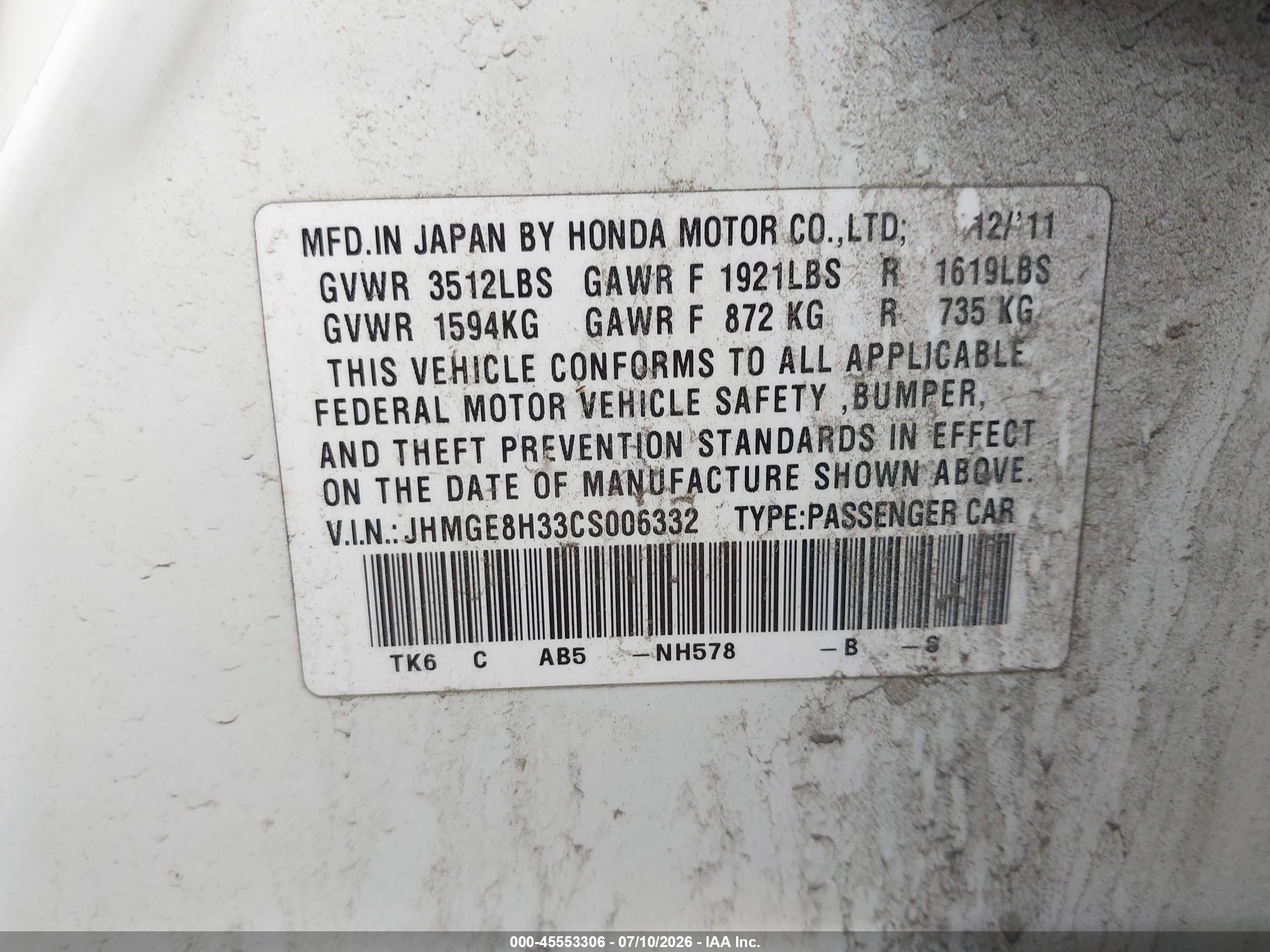 2012 Honda Fit White vin: JHMGE8H33CS006332