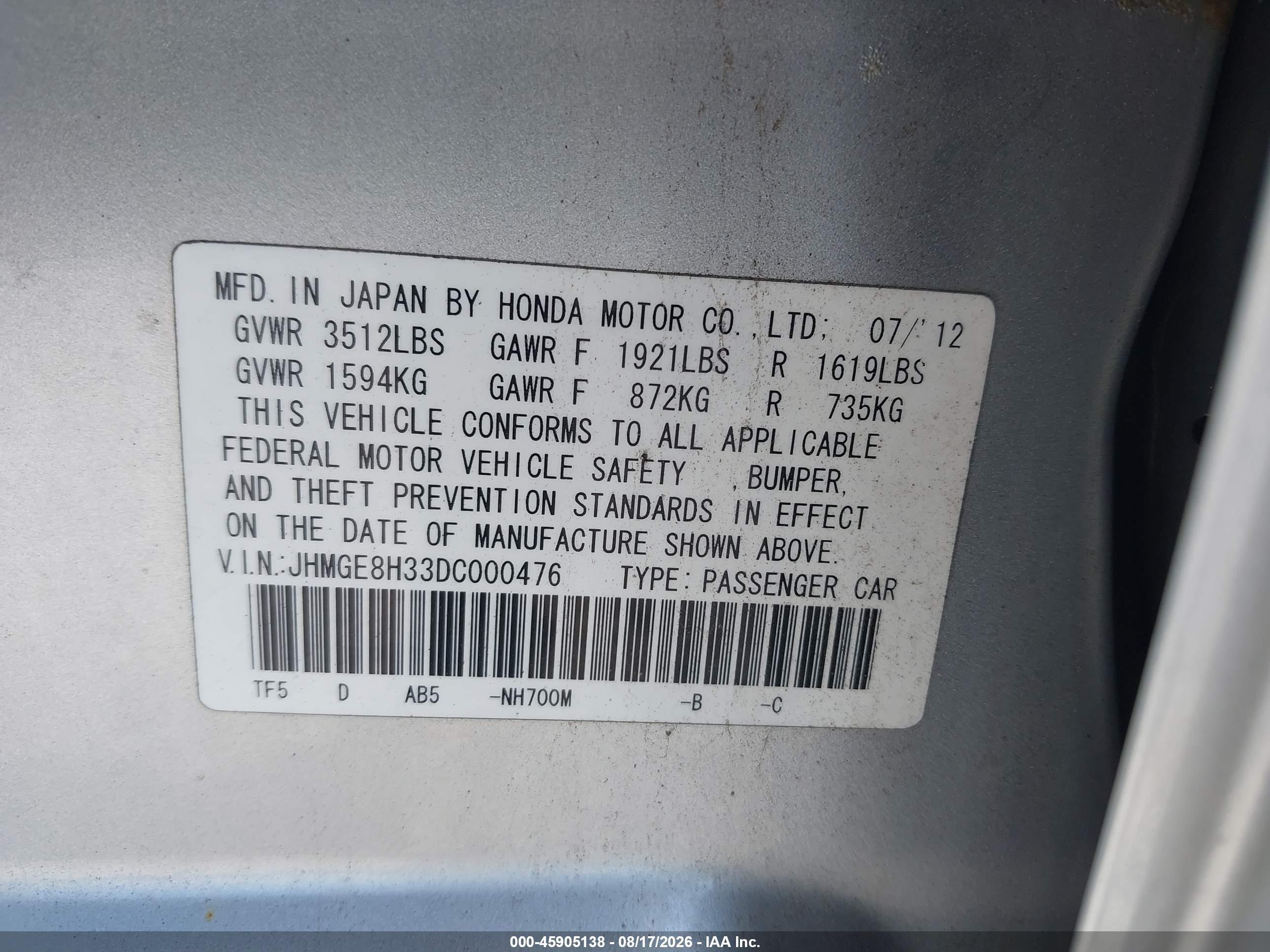 2013 Honda Fit   Silver vin: JHMGE8H33DC000476