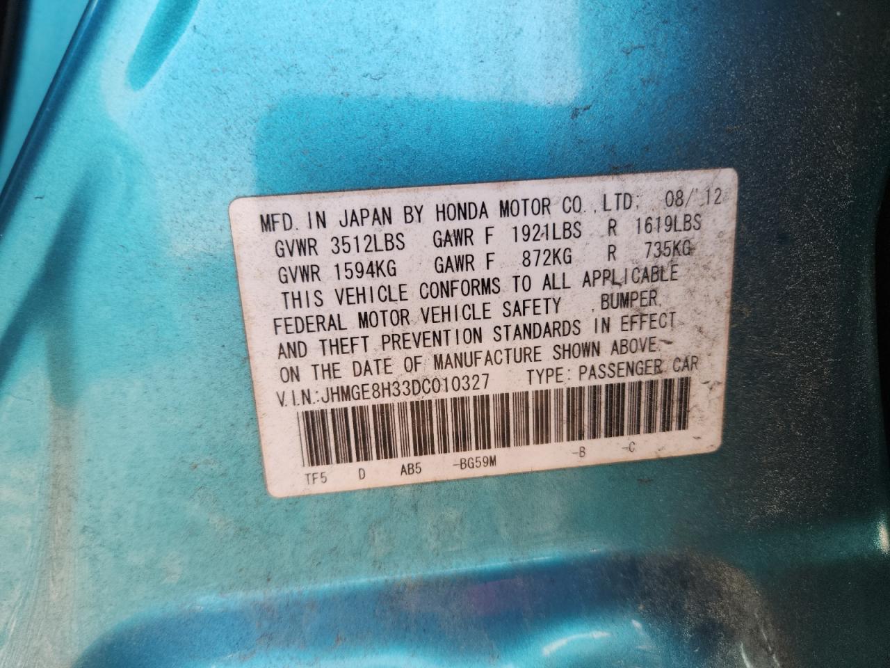 2013 Honda Fit Turquoise vin: JHMGE8H33DC010327