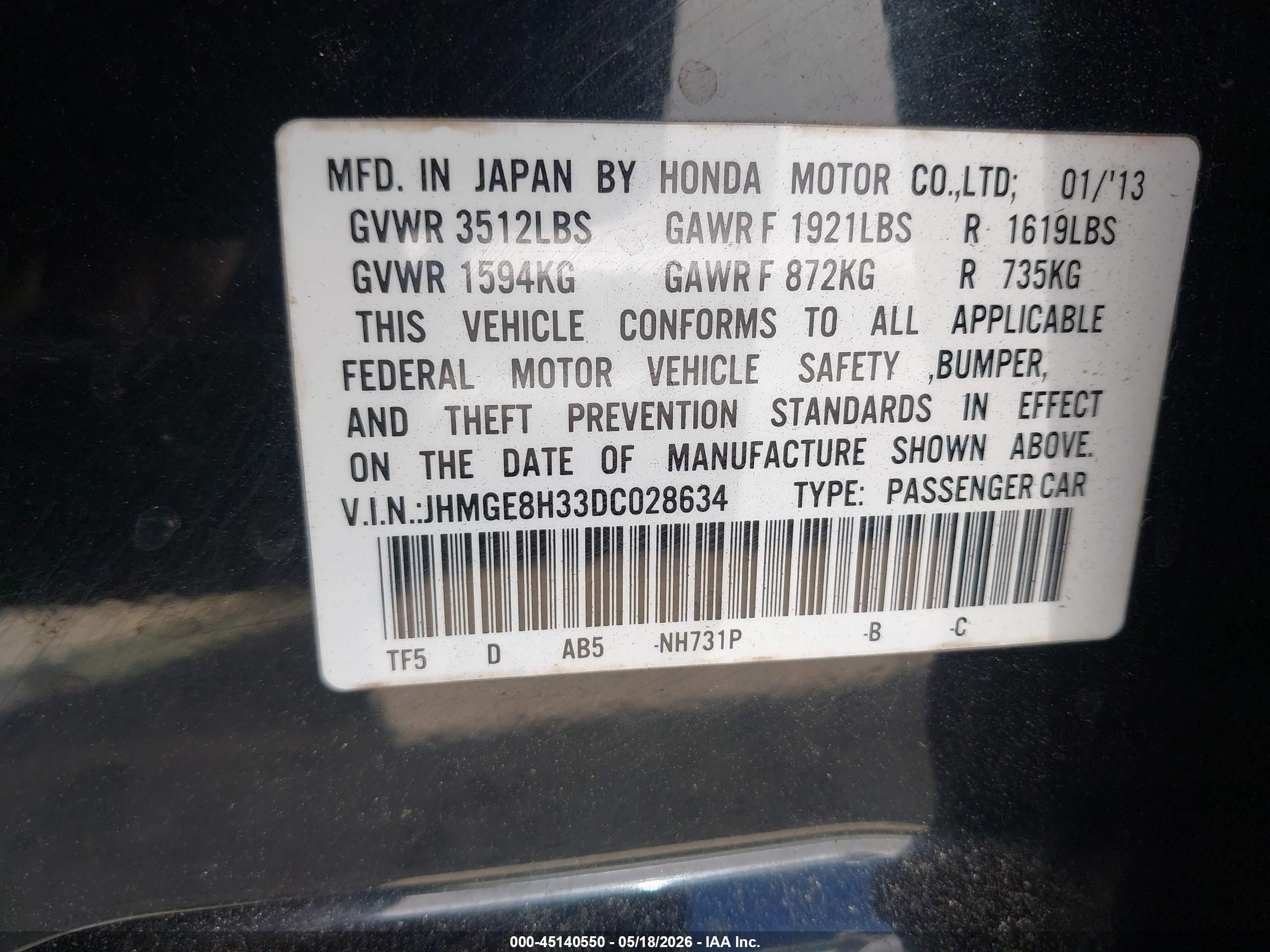 2013 Honda Fit   Black vin: JHMGE8H33DC028634