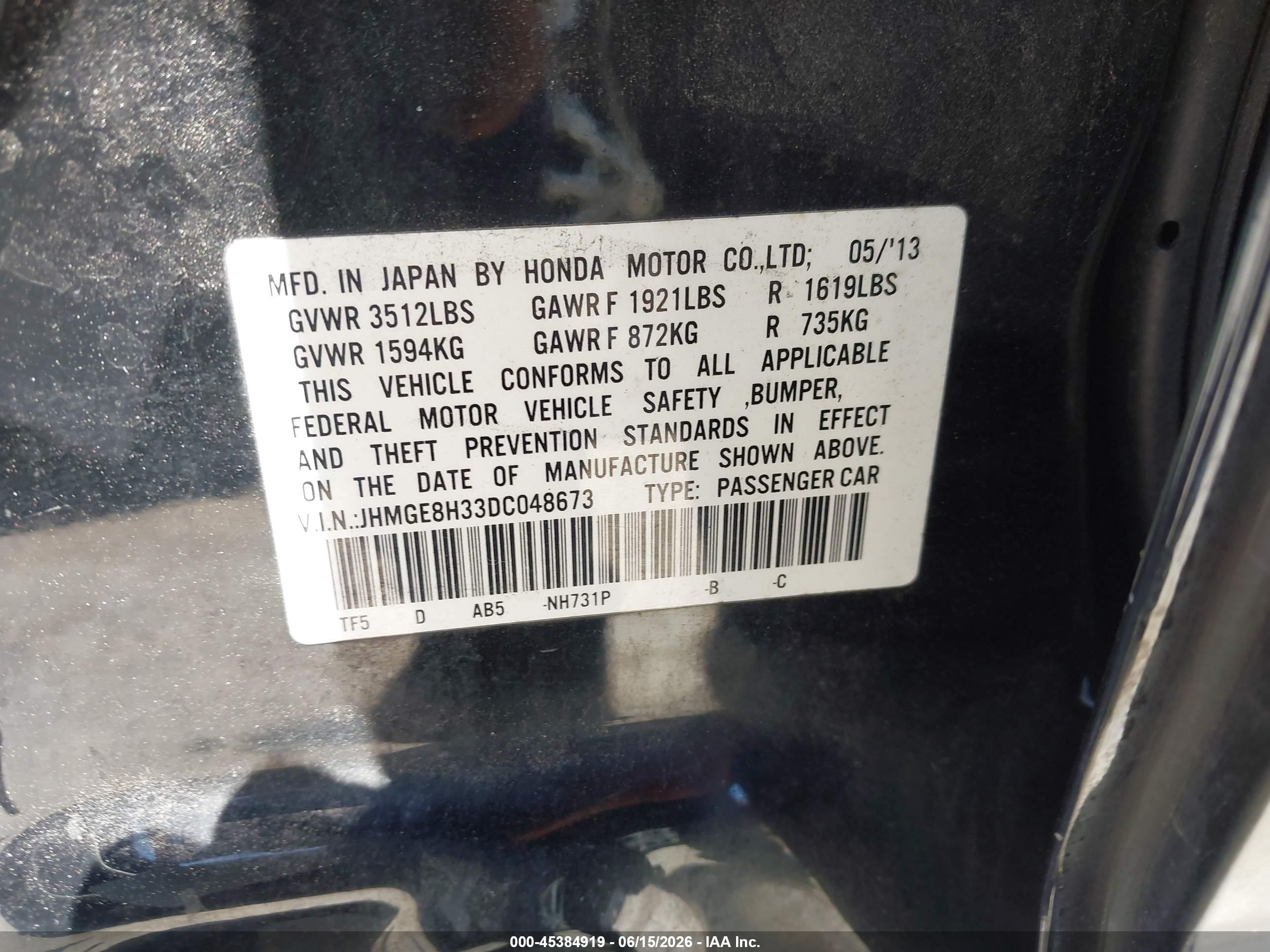 2013 Honda Fit   Black vin: JHMGE8H33DC048673