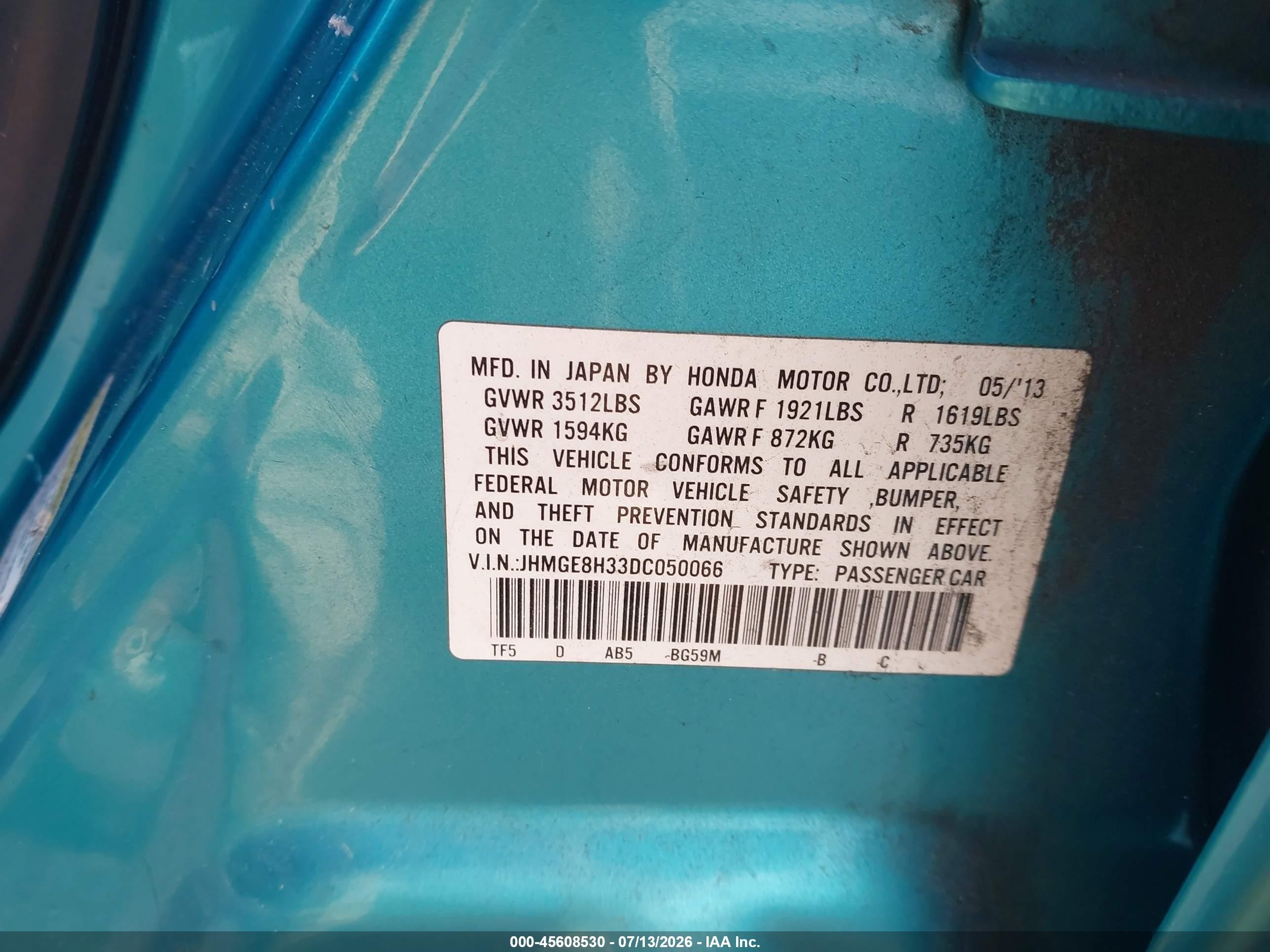 2013 Honda Fit   Teal vin: JHMGE8H33DC050066