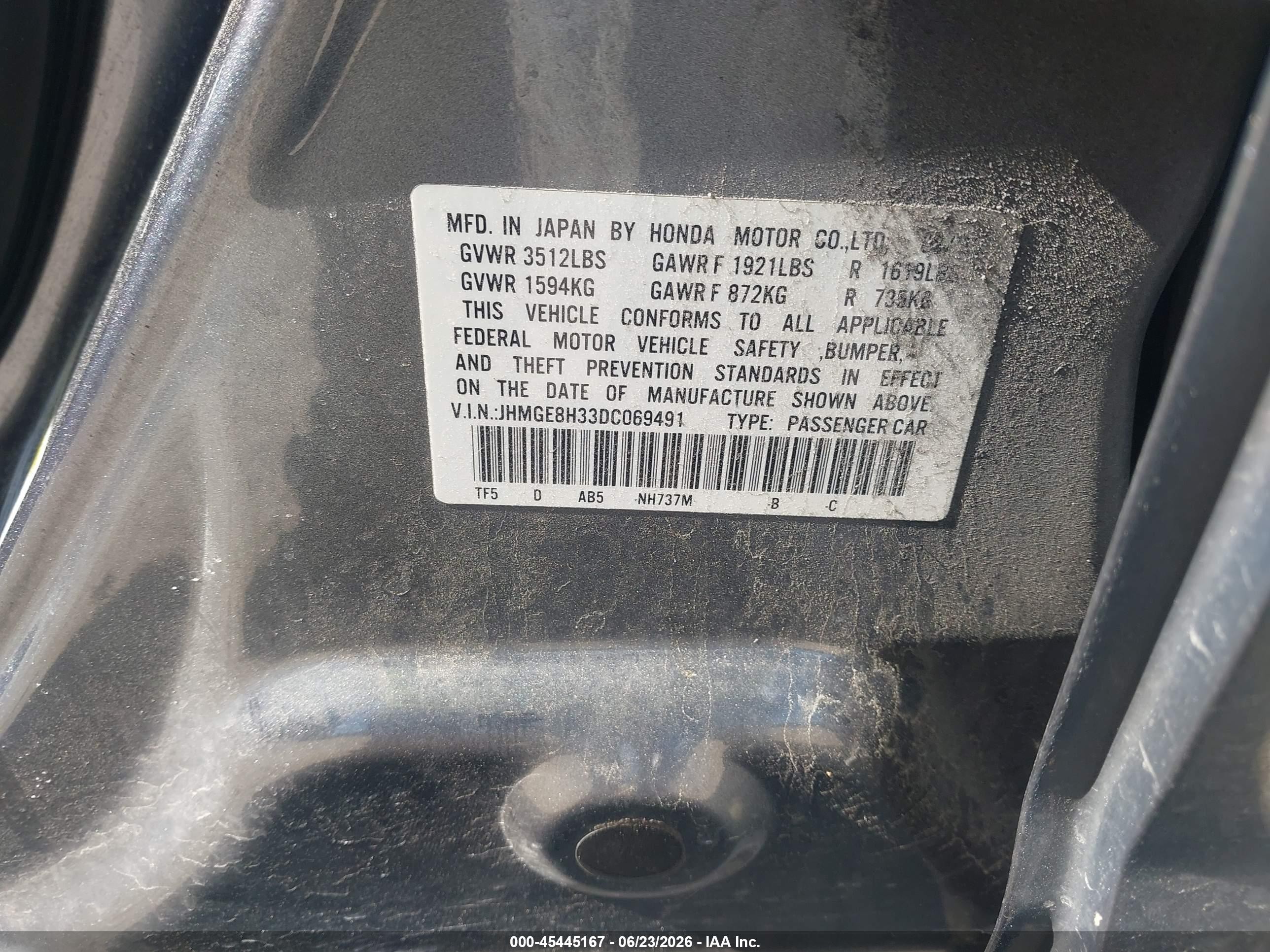 2013 Honda Fit   Gray vin: JHMGE8H33DC069491