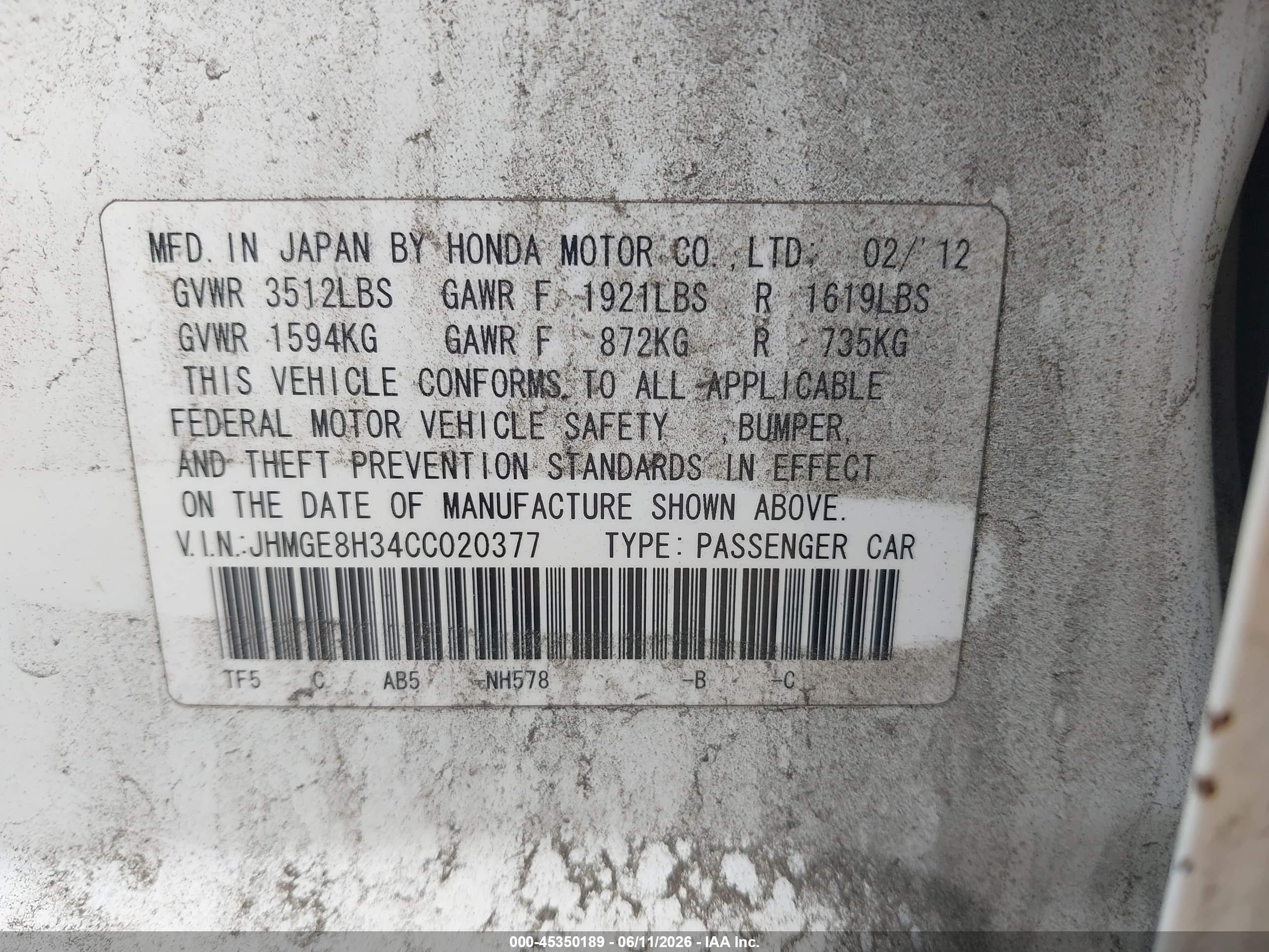 2012 Honda Fit   White vin: JHMGE8H34CC020377