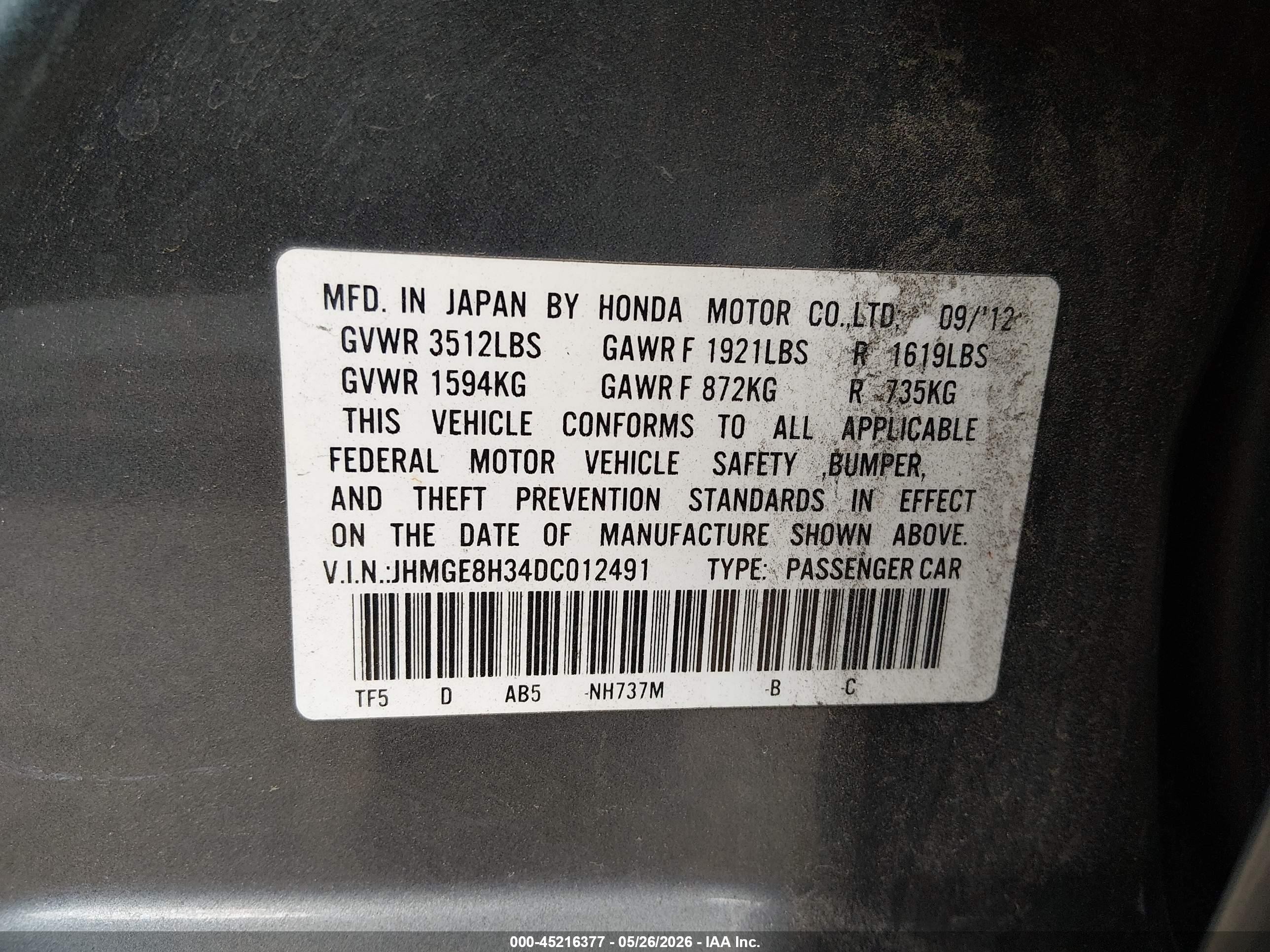 2013 Honda Fit   Gray vin: JHMGE8H34DC012491