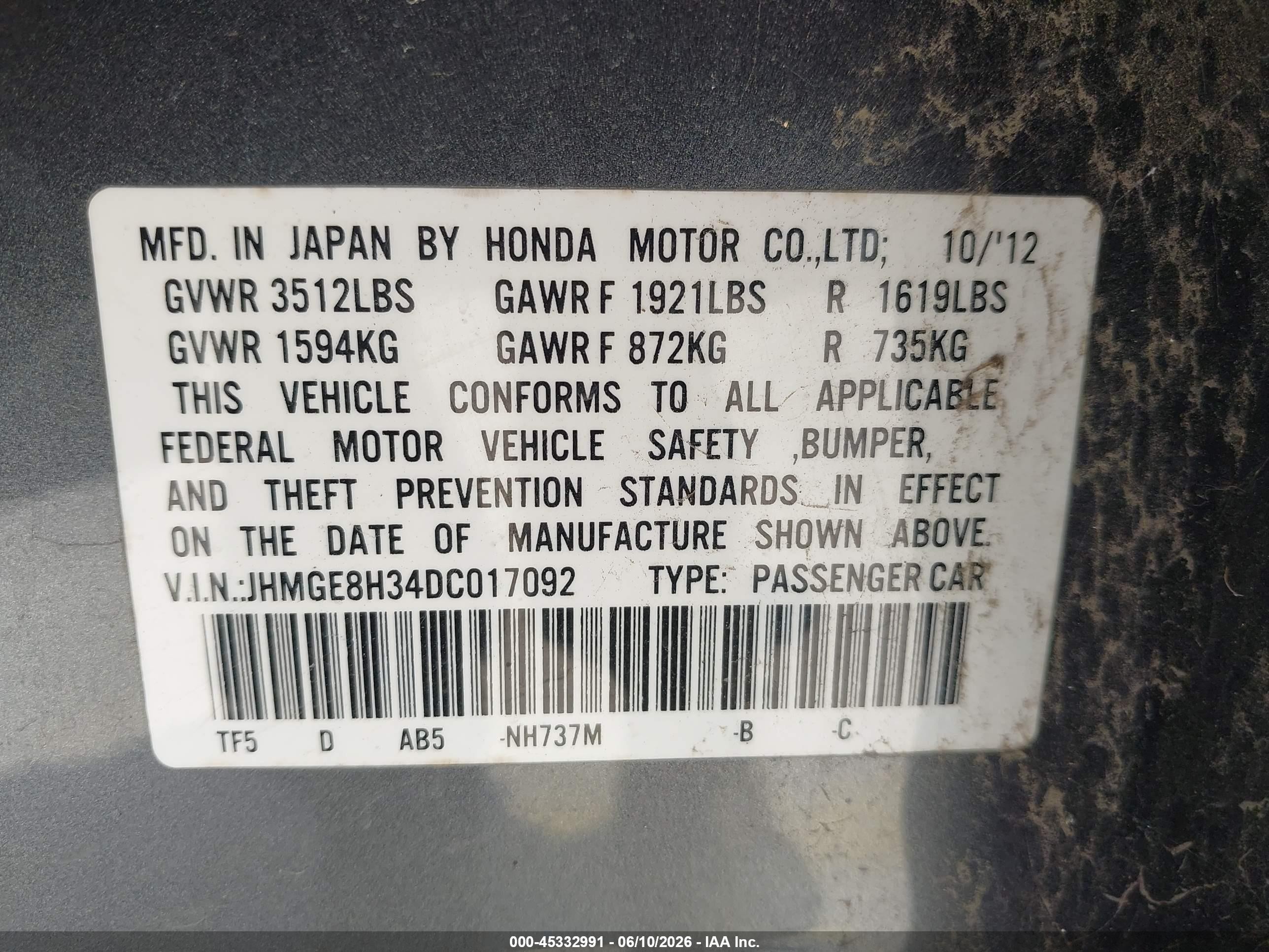 2013 Honda Fit   Gray vin: JHMGE8H34DC017092