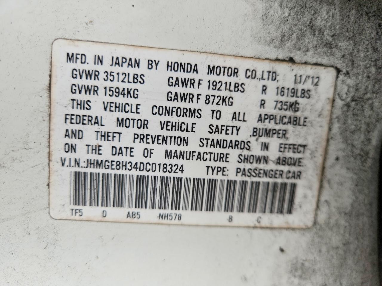 2013 Honda Fit White vin: JHMGE8H34DC018324
