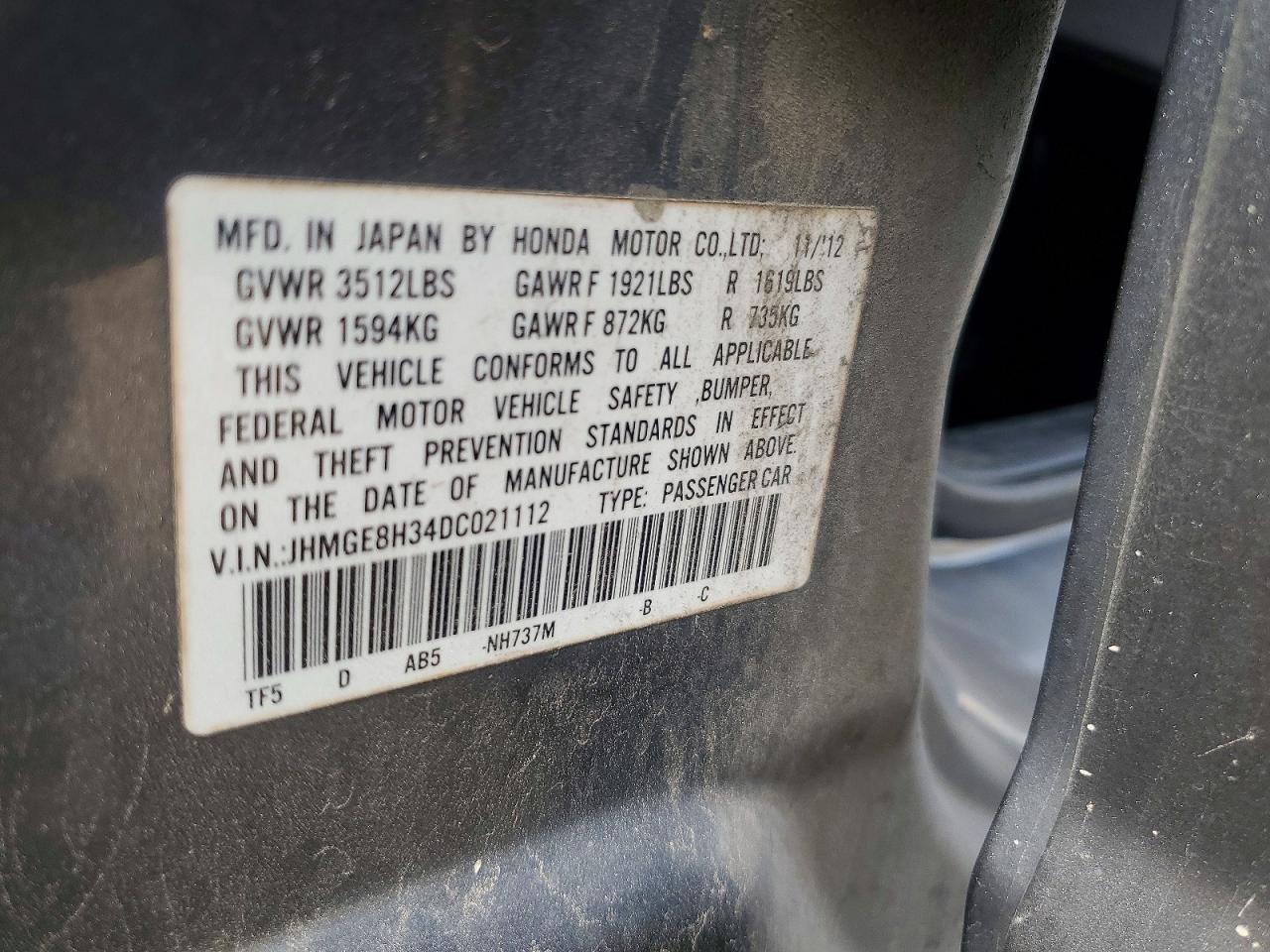 2013 Honda Fit Серый vin: JHMGE8H34DC021112