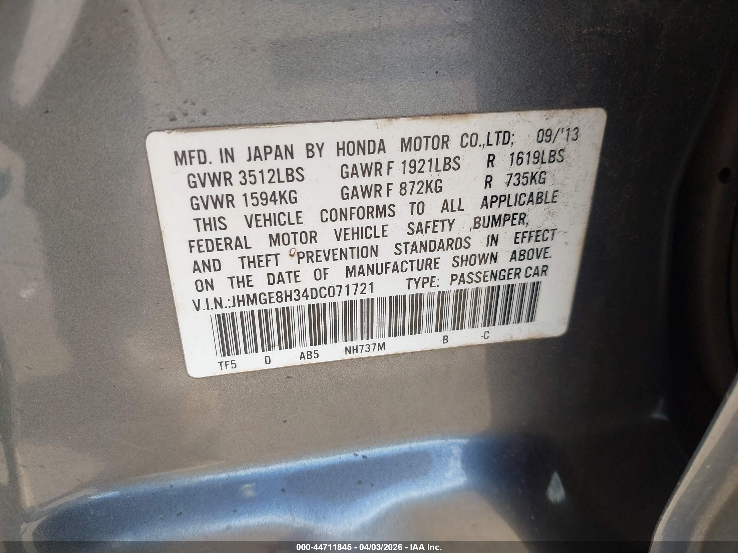 2013 Honda Fit   Gray vin: JHMGE8H34DC071721