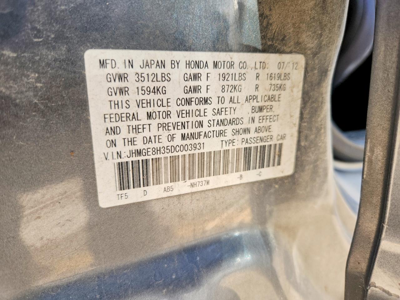 2013 Honda Fit Gray vin: JHMGE8H35DC003931