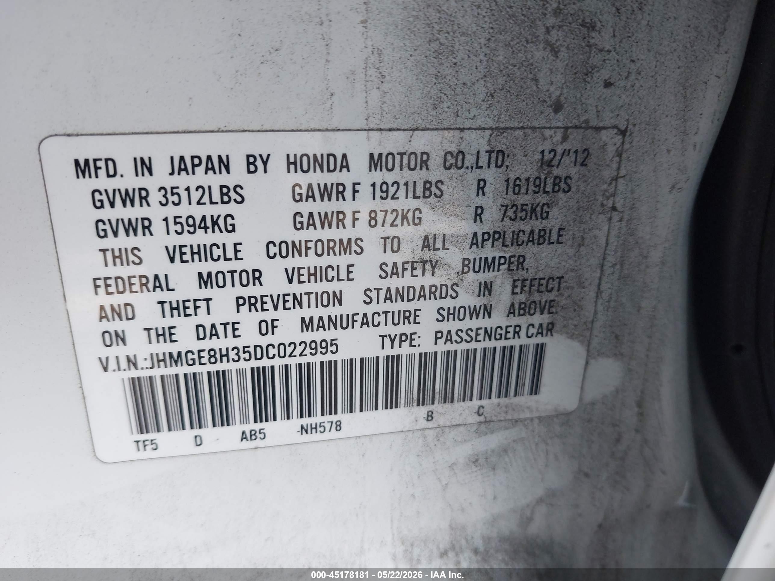 2013 Honda Fit White vin: JHMGE8H35DC022995