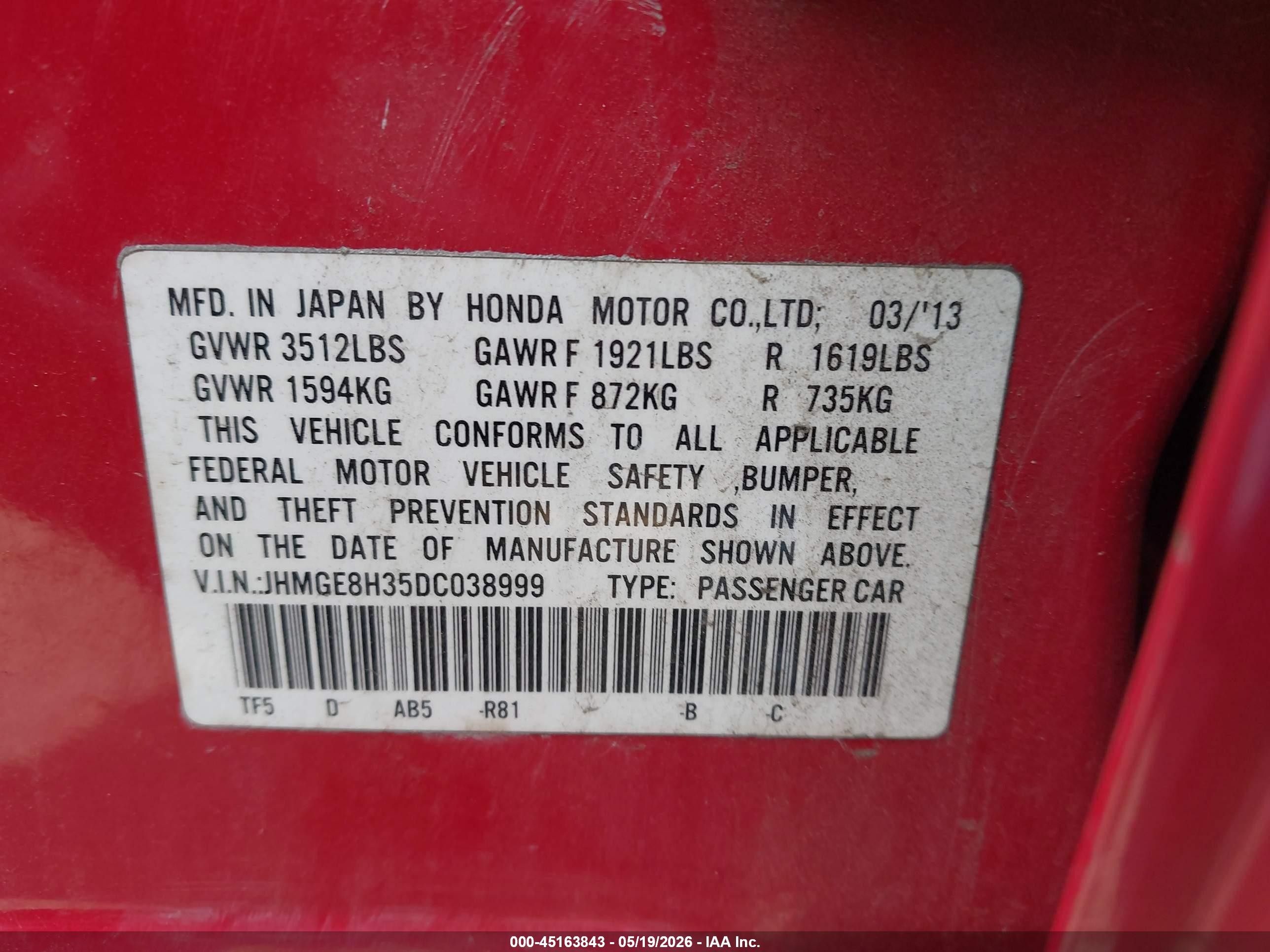 2013 Honda Fit   Red vin: JHMGE8H35DC038999