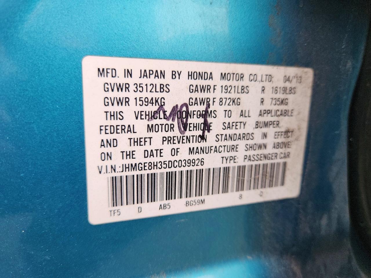 2013 Honda Fit Turquoise vin: JHMGE8H35DC039926