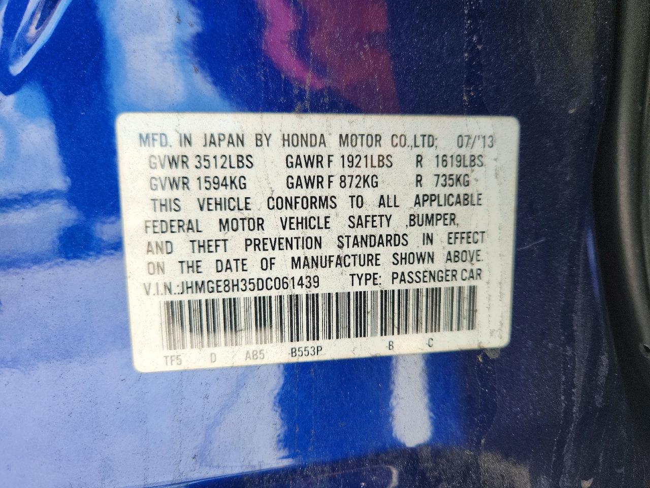 2013 Honda Fit Blue vin: JHMGE8H35DC061439