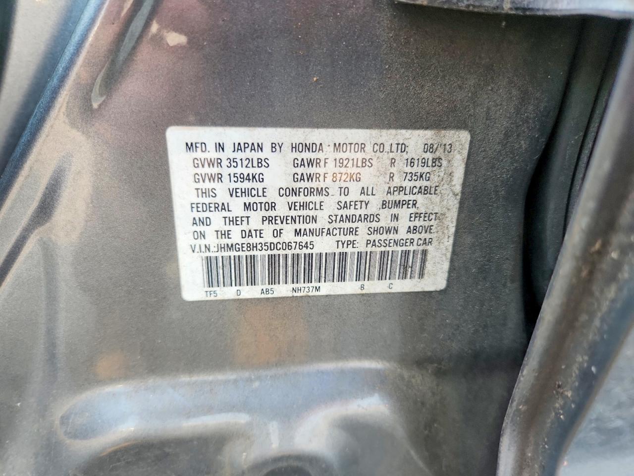 2013 Honda Fit Серый vin: JHMGE8H35DC067645
