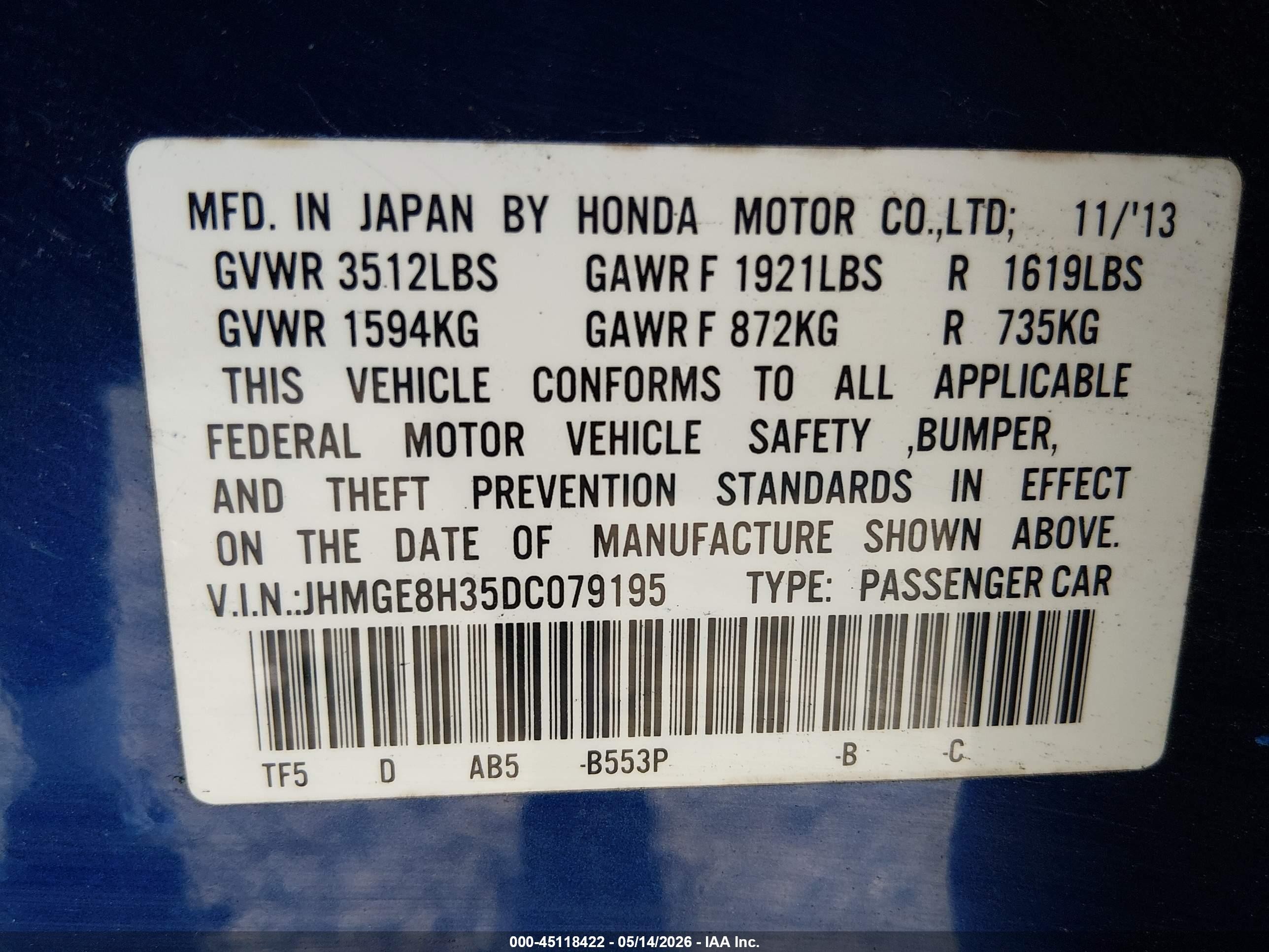 2013 Honda Fit   Black vin: JHMGE8H35DC079195
