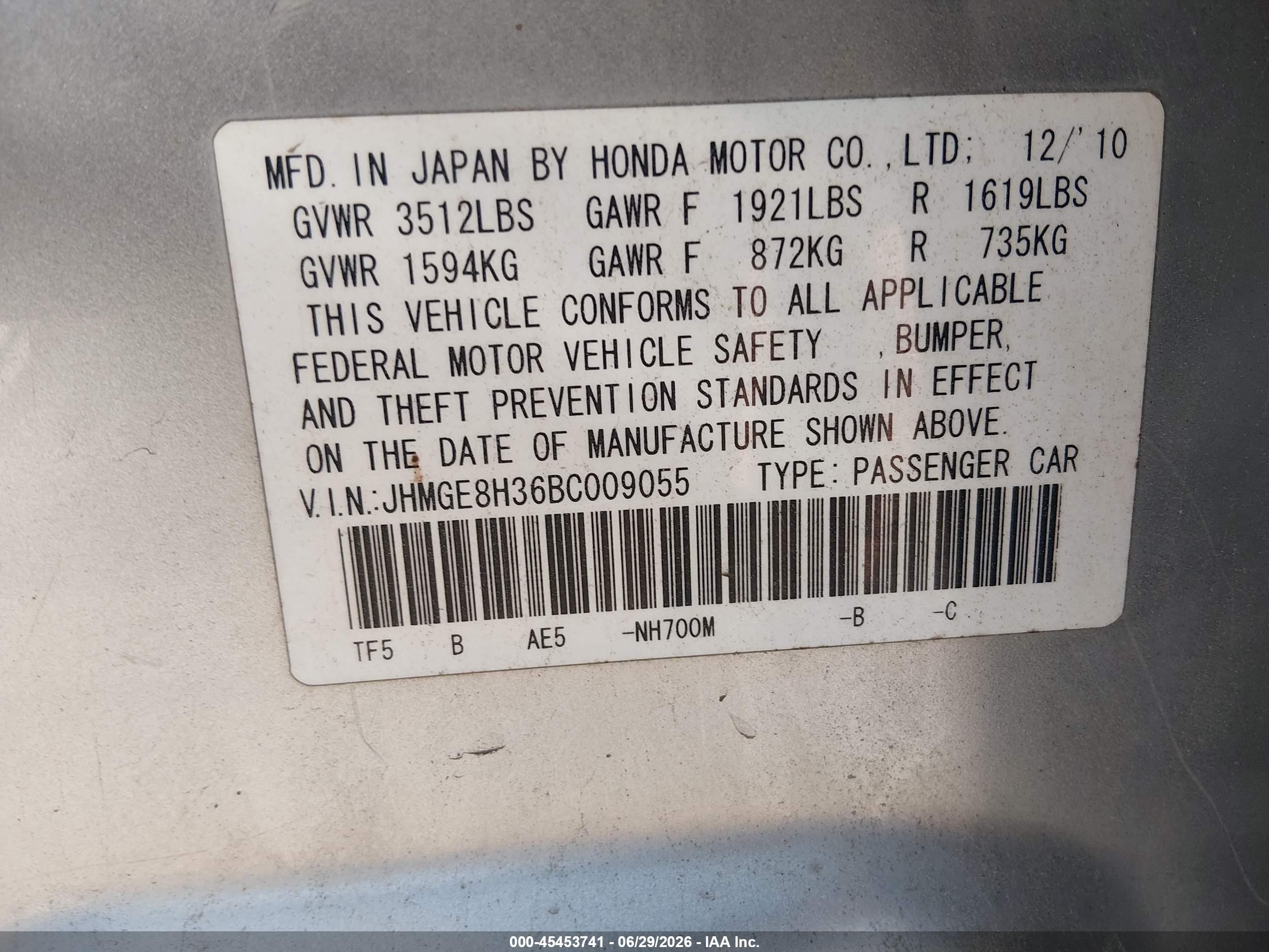 2011 Honda Fit   Silver vin: JHMGE8H36BC009055