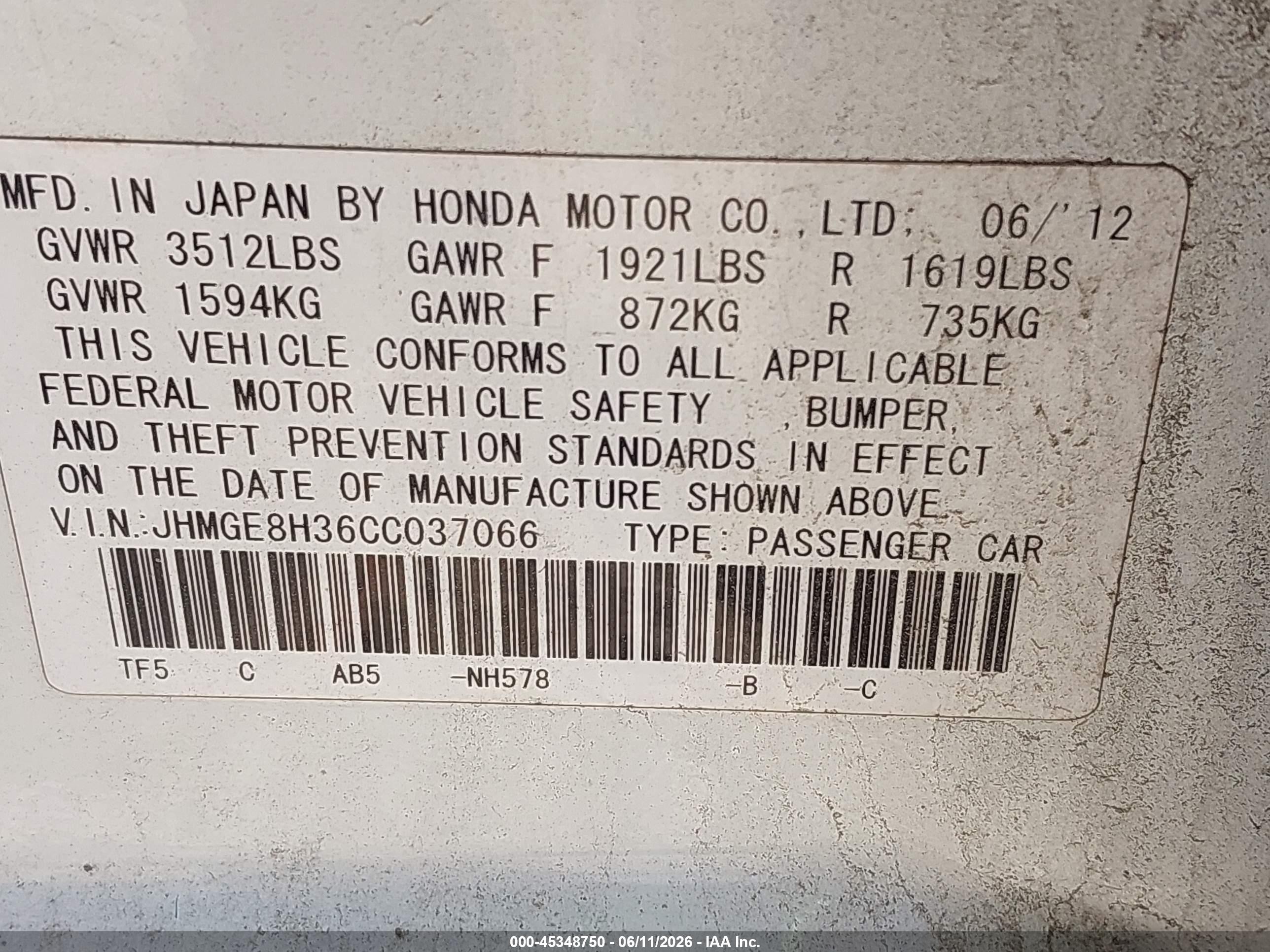 2012 Honda Fit   White vin: JHMGE8H36CC037066