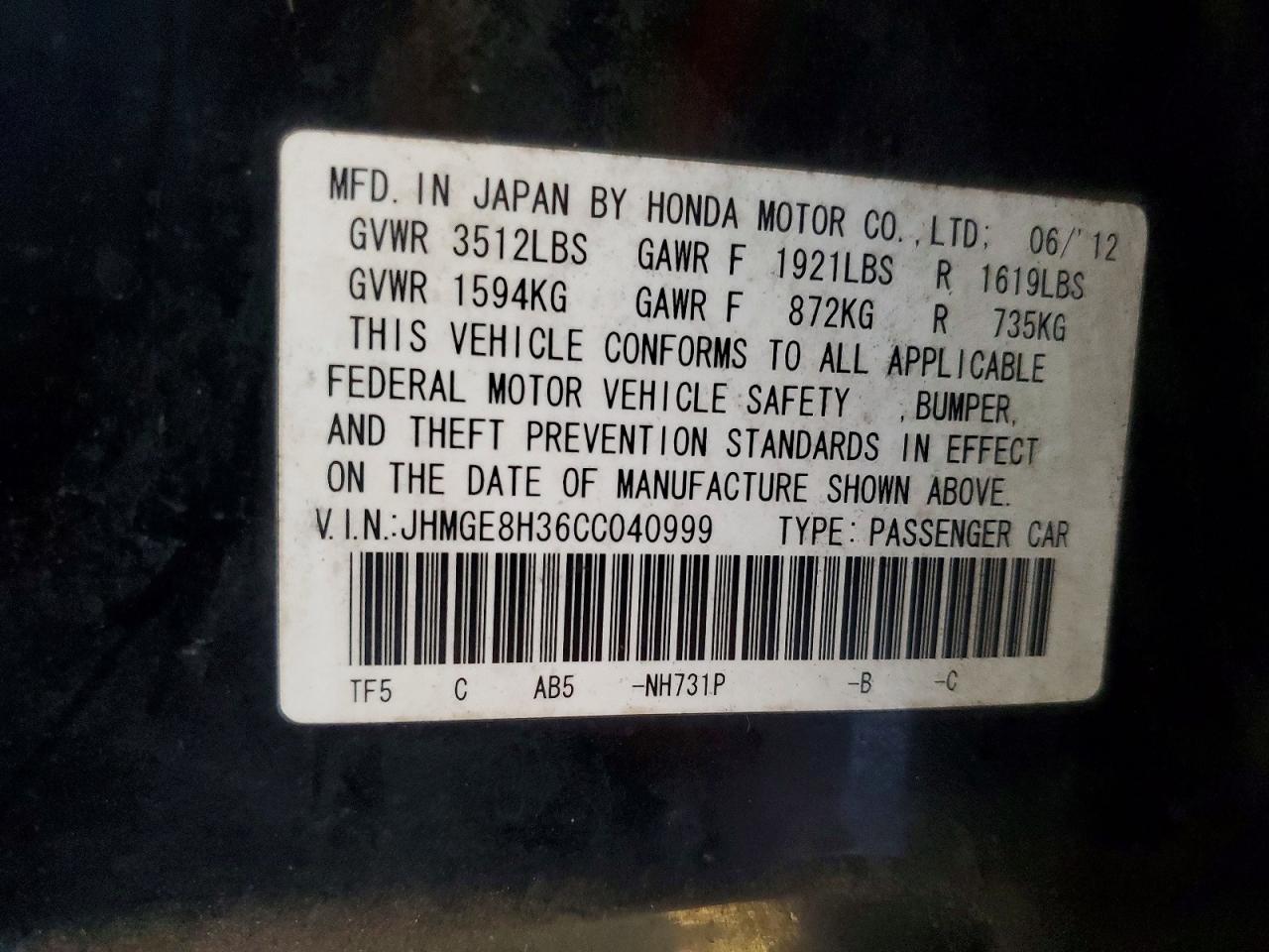 2012 Honda Fit Black vin: JHMGE8H36CC040999