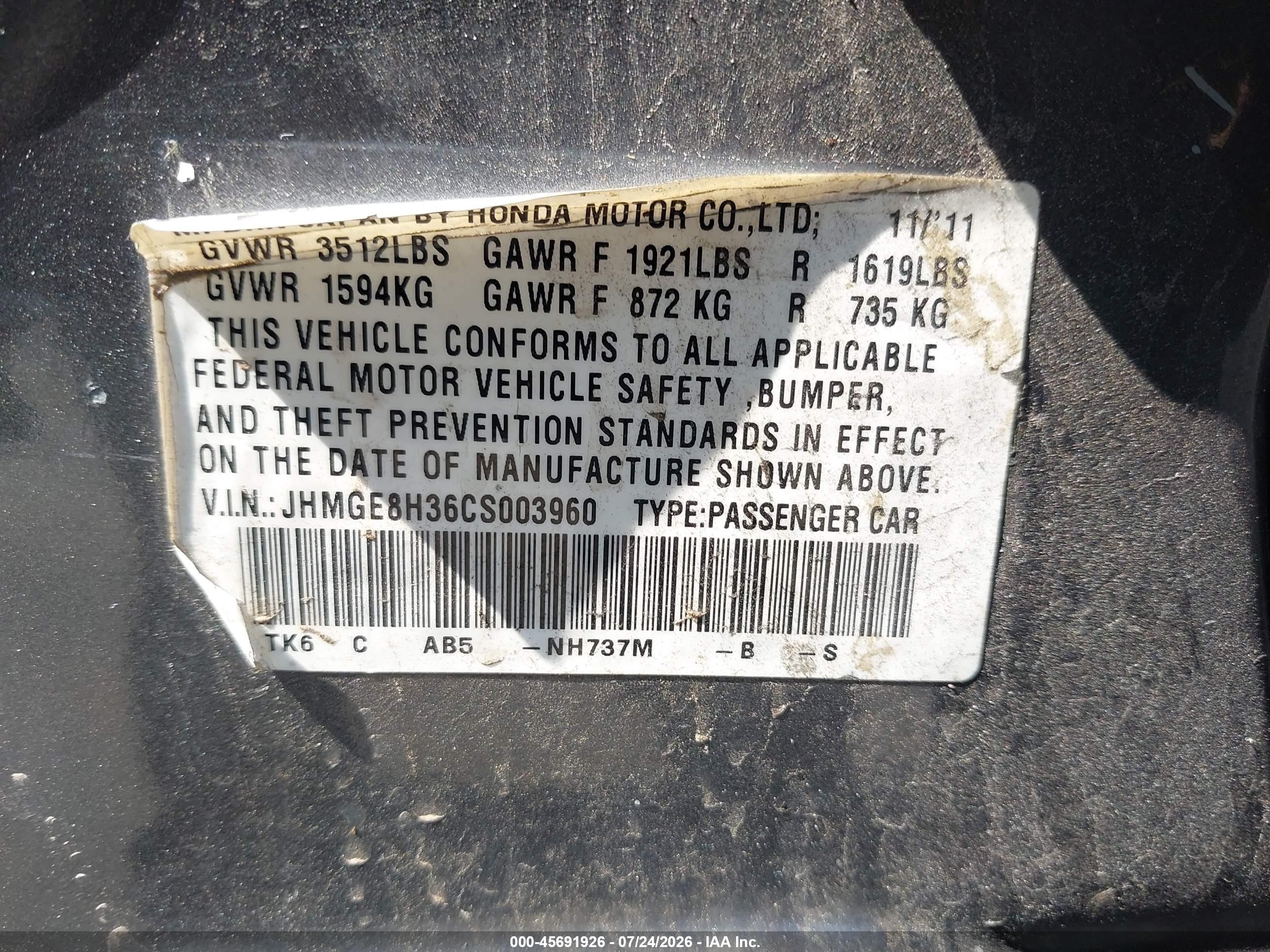 2012 Honda Fit   Gray vin: JHMGE8H36CS003960
