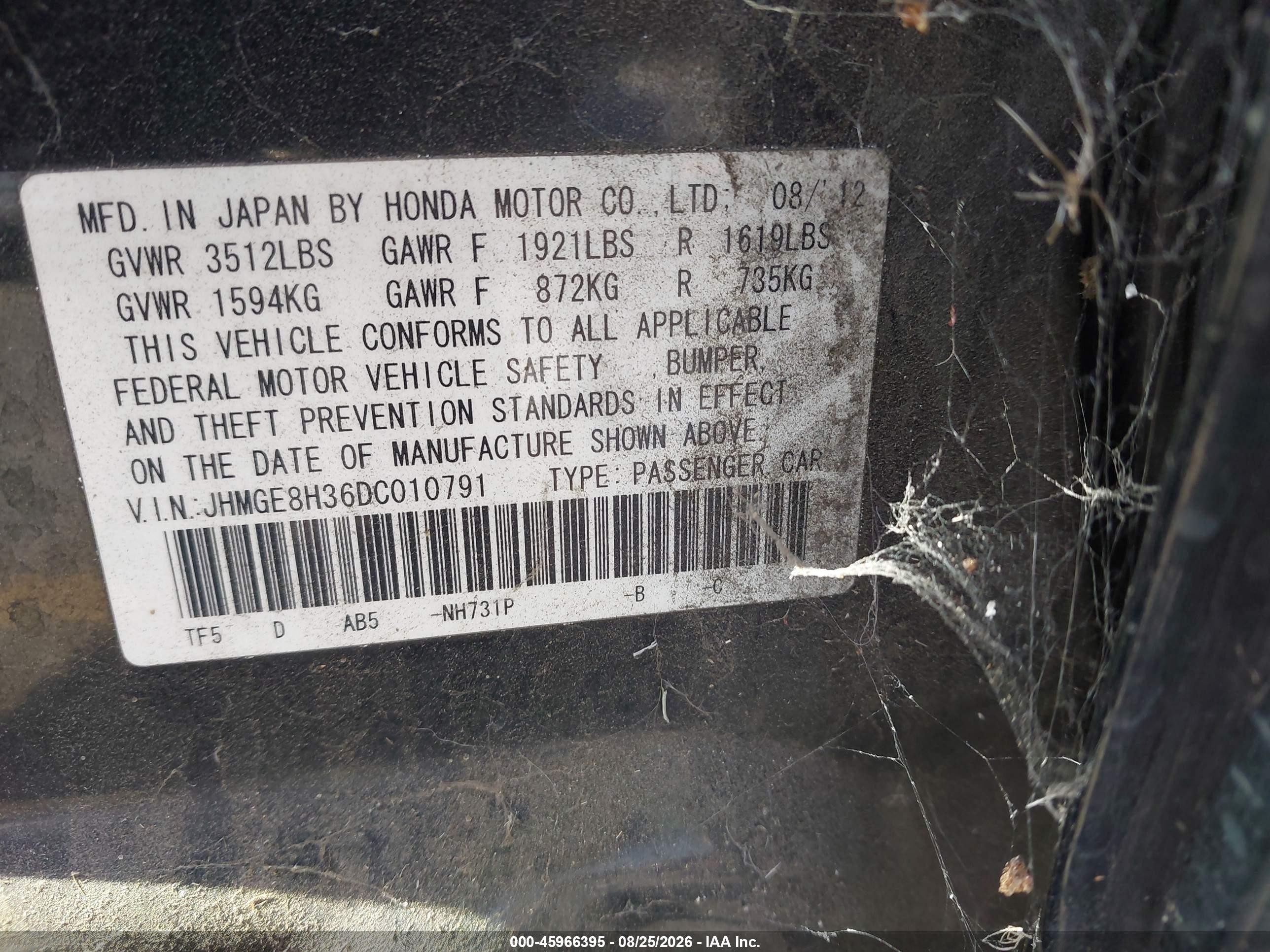 2013 Honda Fit   Black vin: JHMGE8H36DC010791