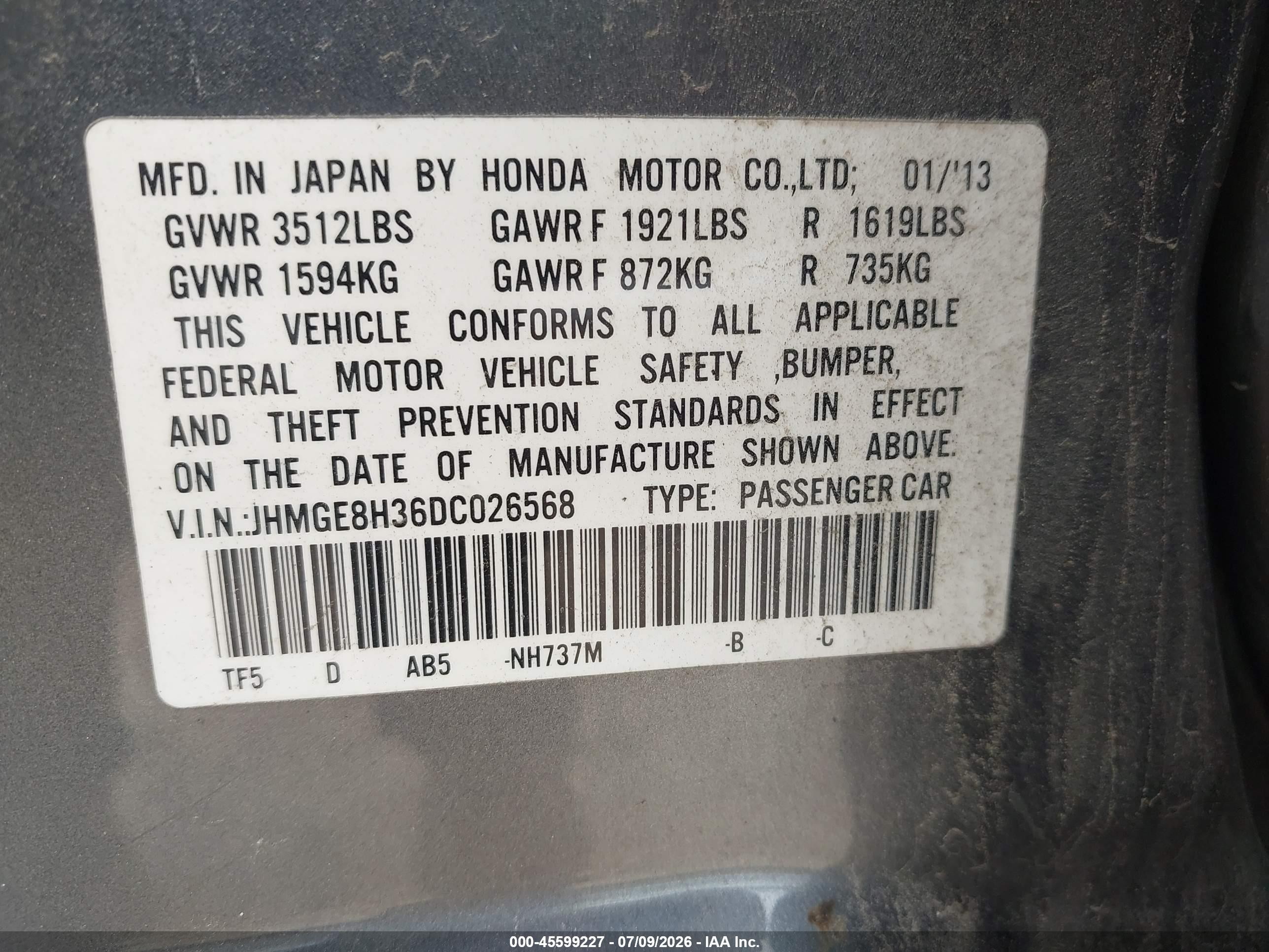 2013 Honda Fit Blue vin: JHMGE8H36DC026568