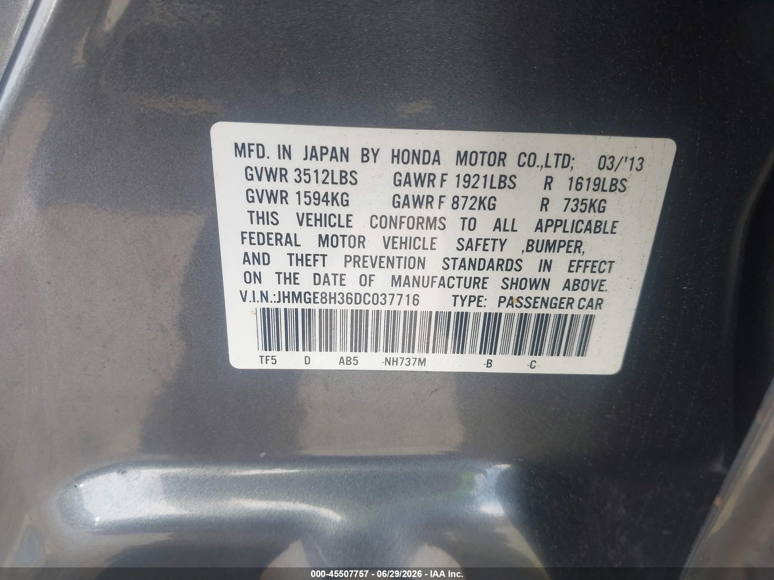 2013 Honda Fit   Gray vin: JHMGE8H36DC037716