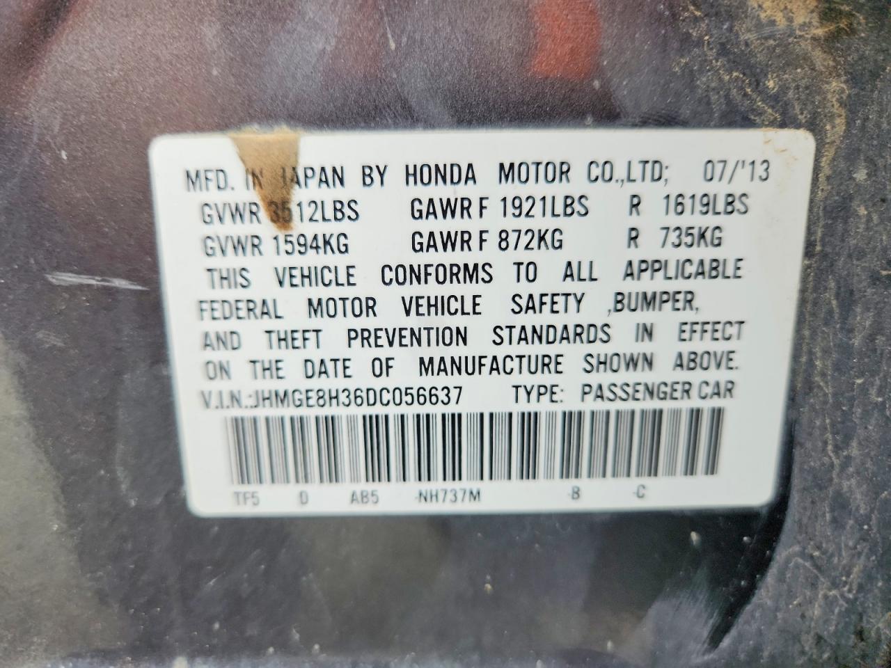 2013 Honda Fit Gray vin: JHMGE8H36DC056637