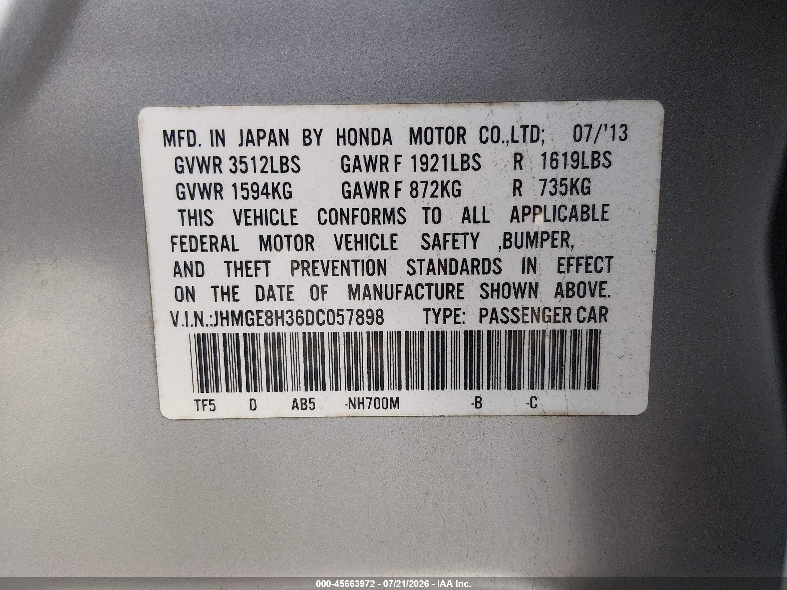 2013 Honda Fit   Gray vin: JHMGE8H36DC057898