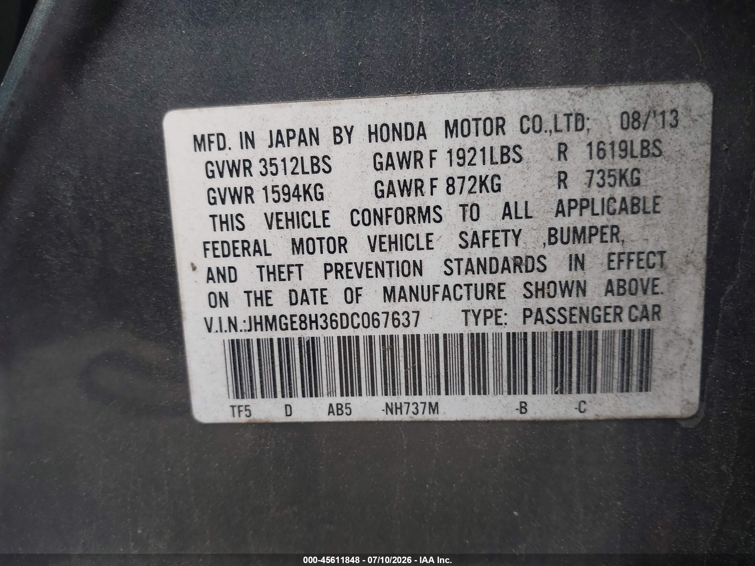 2013 Honda Fit   Серый vin: JHMGE8H36DC067637
