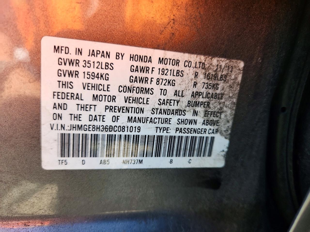 2013 Honda Fit Gray vin: JHMGE8H36DC081019