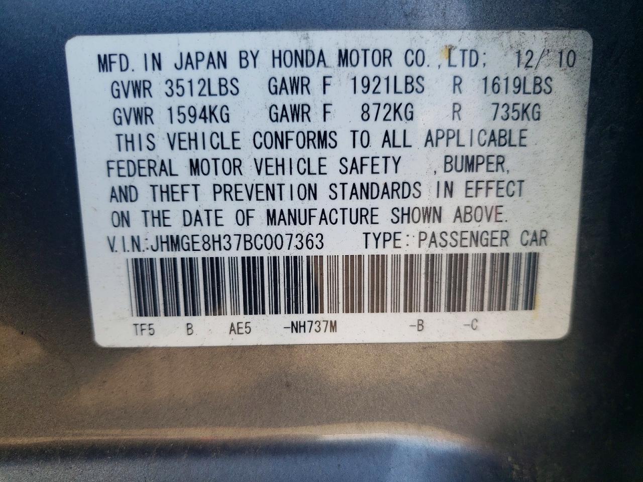 2011 Honda Fit Gray vin: JHMGE8H37BC007363