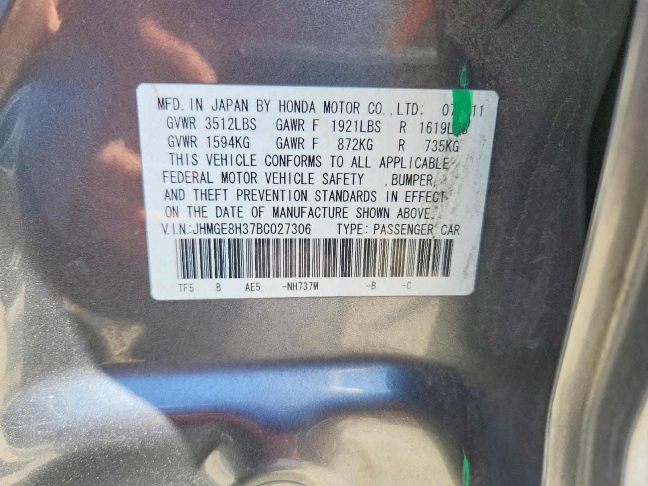 2011 Honda Fit Gray vin: JHMGE8H37BC027306